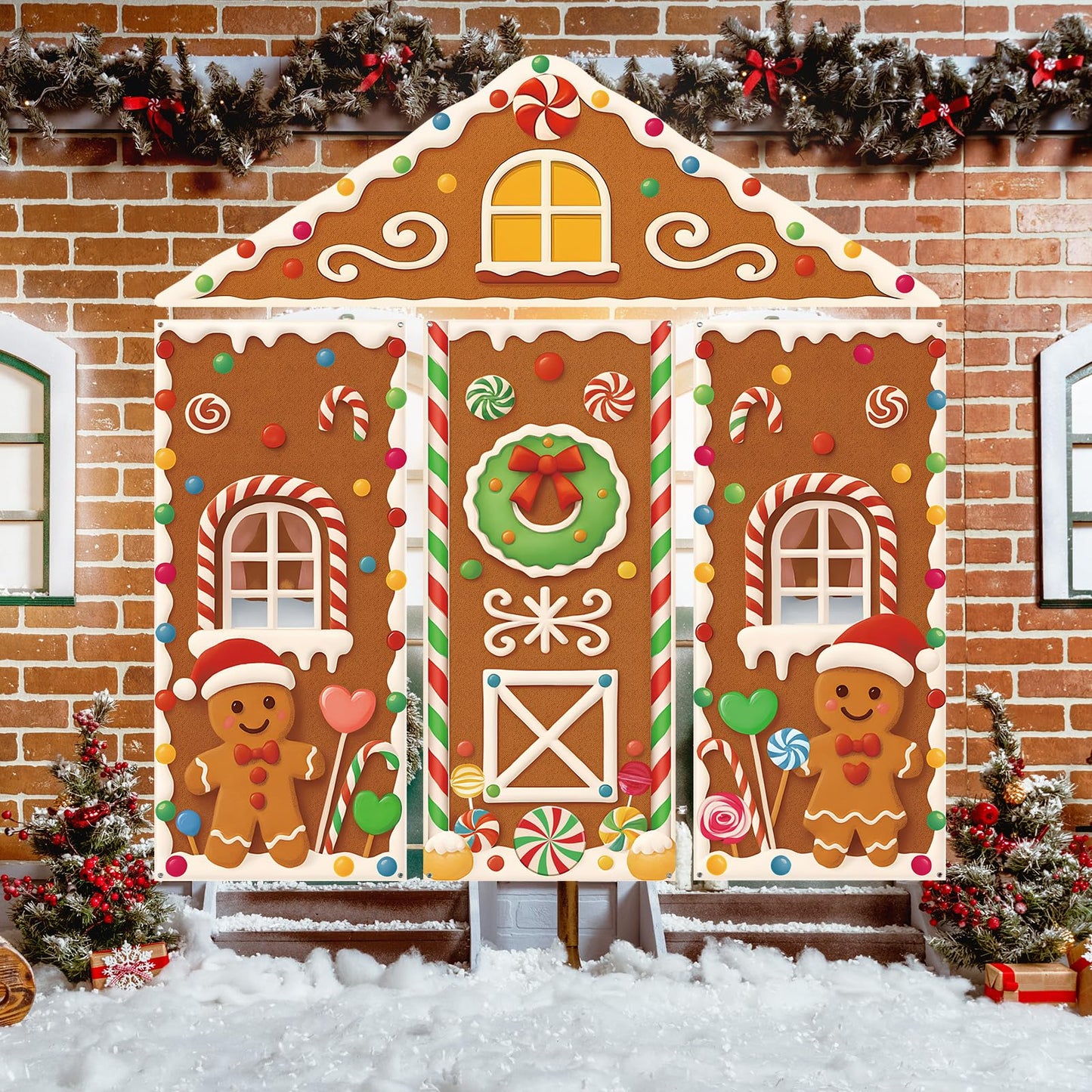 4Pcs Christmas Gingerbread House Door Cover Decorations, Gingerbread Door Cover Christmas House Backdrop for Xmas Photography Background Holiday Party Décor