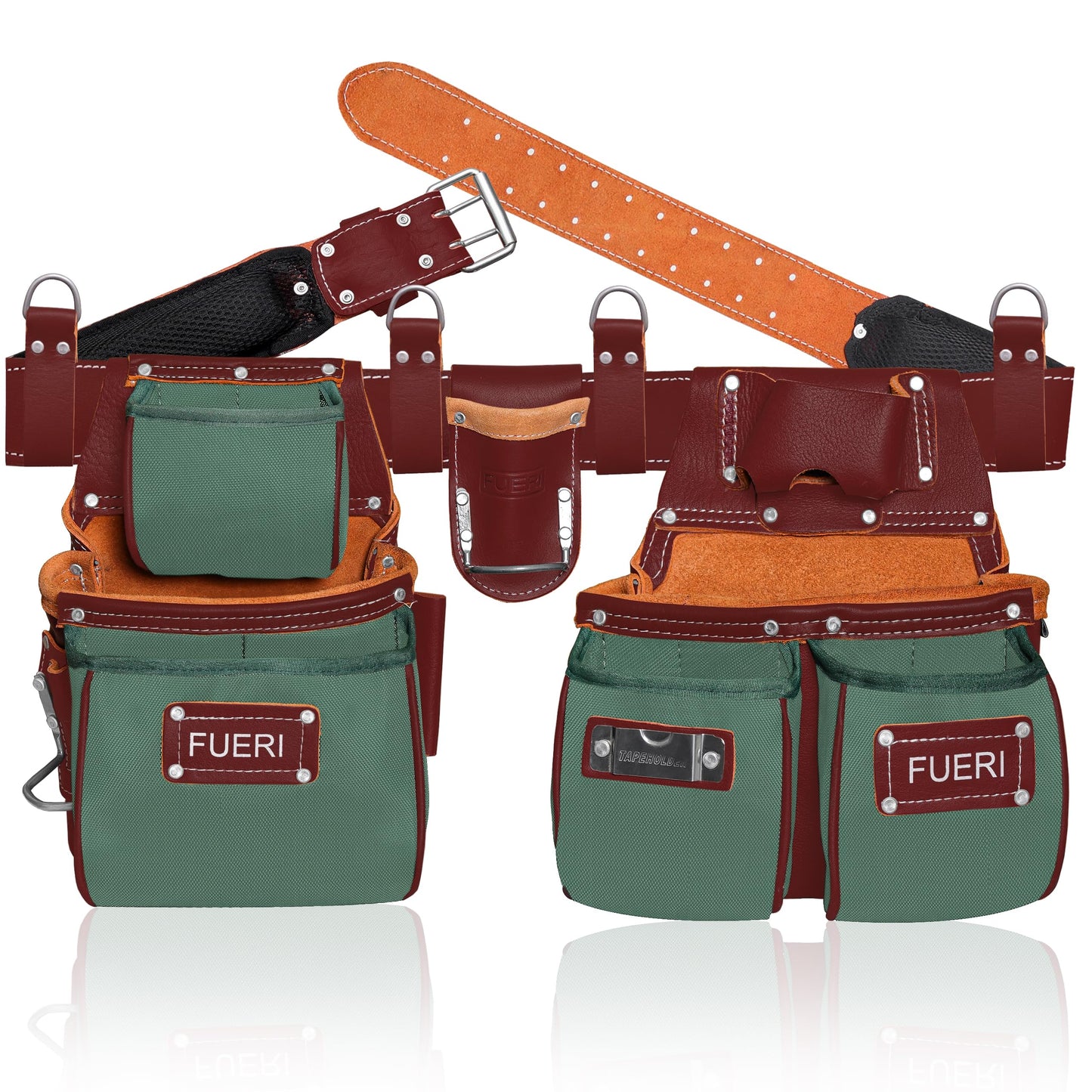 FUERI Electrician's Heavy Duty Tool Belt for Men, Made of Thick Leather and Durable Nylon, Comes with Adjustable Padded Tool Belt, Storage Capacity Tool Pouches, Hammer Holder, And Suspender Loops.
