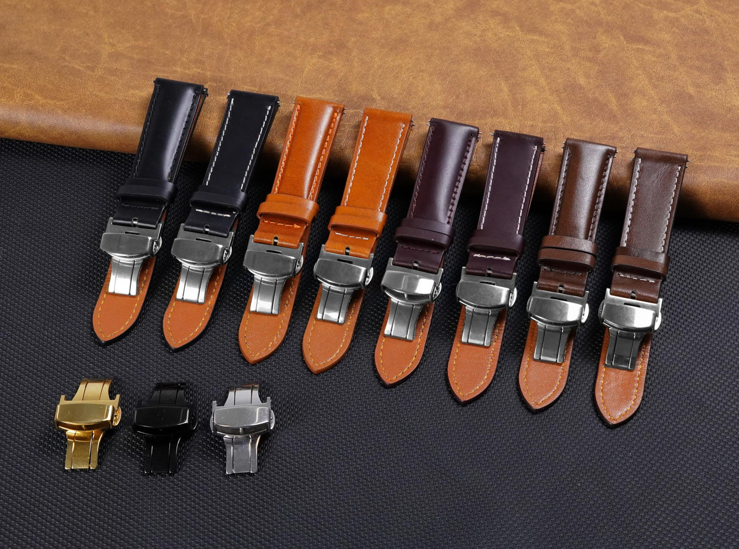 20mm Dark Brown Leather Watch Band Deployment Clasp Quick Release Handmade Leather Strap Butterfly Buckle Replacement Wristband for Men, Christmas Fathers Day Gift for Dad Son Husband DH-203D-S-20MM