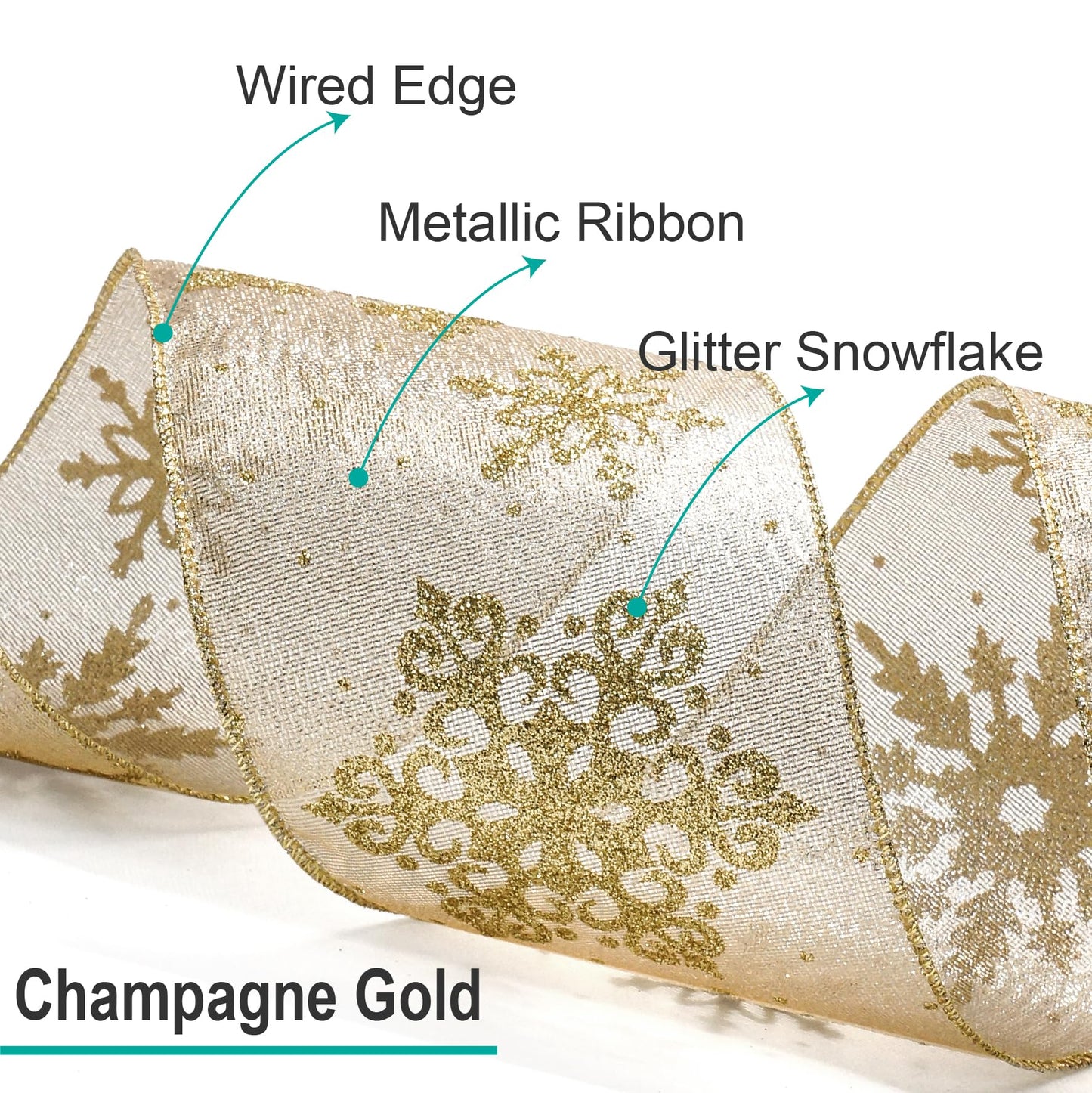 CT CRAFT LLC Champagne Gold Metallic Fabric with Gold Snowflake Wired Ribbon 2.5 Inch x 10 Yards for Christmas Home Decor Tree Topper Bow Gift Wrapping DIY Crafts Wreath Garland