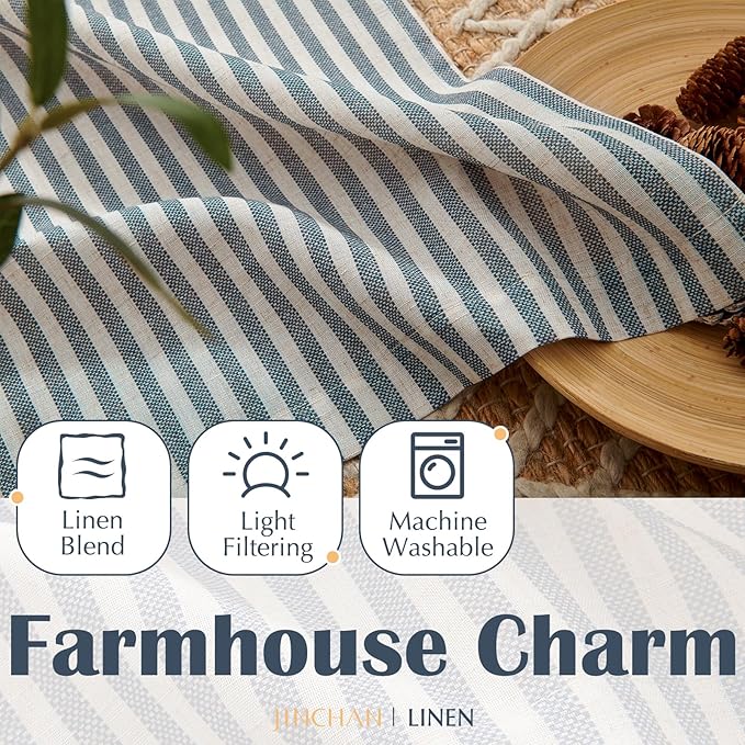 jinchan Striped Linen Kitchen Curtains 24 Inches Length Tier Curtains Farmhouse Modern Cafe Style Small Window Treatments Airy Light Filtering Rod Pocket for Living Room Bathroom 2 Panels Blue