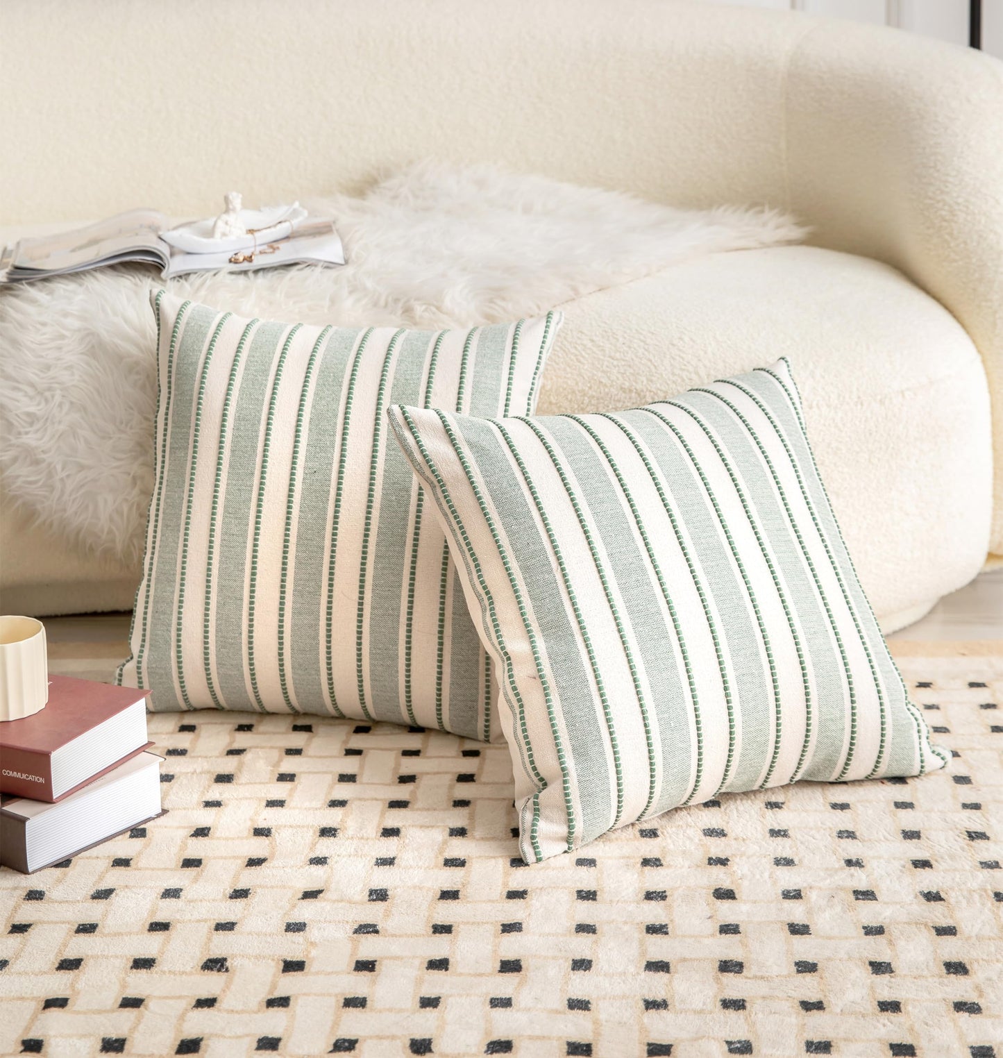 Cethom Decorative Boho Throw Pillow Covers, Farmhouse Textured Pillow Case, 20 x 20 Inch Set of 2, Chair Sofa Bedroom Living Room Home Decor Couch Cushion Case, Green and Beige Striped