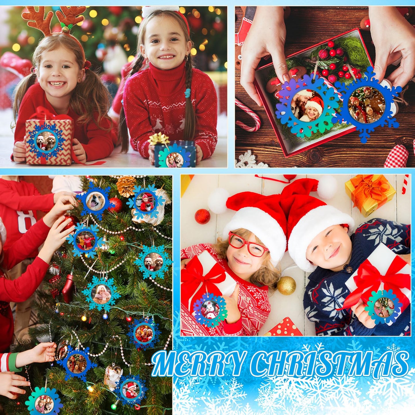 Thyle 12 Pcs Christmas Picture Frame Craft Kits DIY Wooden Snowflake Ornaments Bulk Xmas Tree Hanging Photo Frames for Christmas Party Winter Activities Home Decorations Gift