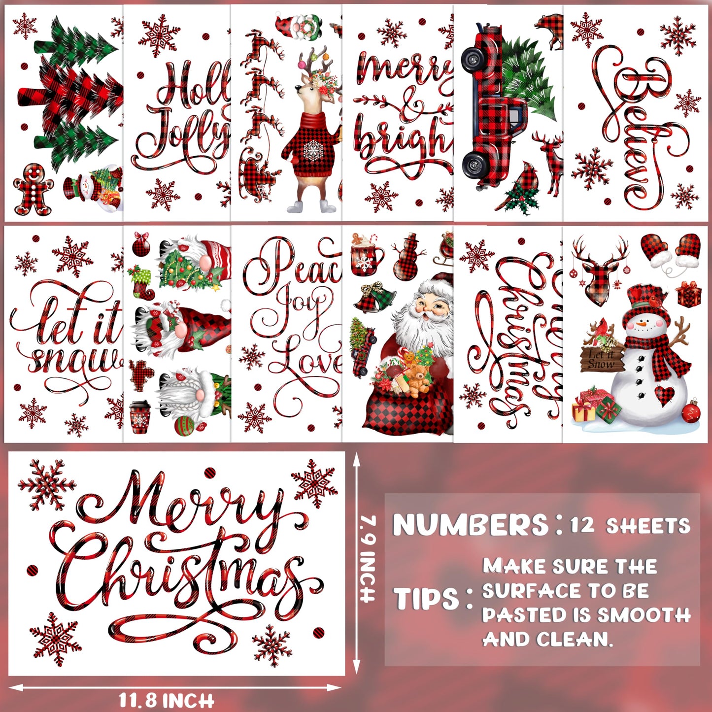 Christmas Wall Stickers Decoration 12 Sheets, Buffalo Plaid Christmas Wall Decals Holiday Letter Trees Decor, Winter Snowflake Vinyl Stickers for Living Room Bedroom Home Office