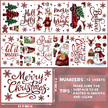 Christmas Wall Stickers Decoration 12 Sheets, Buffalo Plaid Christmas Wall Decals Holiday Letter Trees Decor, Winter Snowflake Vinyl Stickers for Living Room Bedroom Home Office