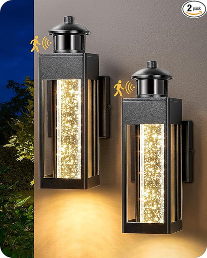 EDISHINE 2 Pack Modern Exterior Lighting Fixtures, LED Outdoor Light Fixtures Wall Mount, with Motion & Photocell Sensor, Crystal Bubble Glass, 3000K, Front Porch Light for House, Garage