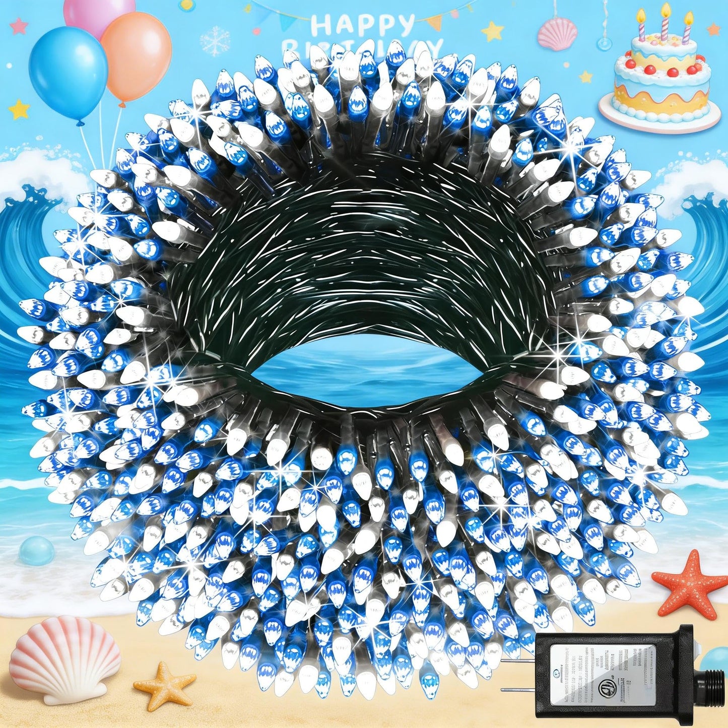300 LED Blue White Birthday Party Decorations Ocean Party Decor String Lights with 12 Modes Timer Dimmable, Green Wire Connectable Christmas Tree Lights, 75FT Fairy Lights for Bedroom, Outside, Xmas