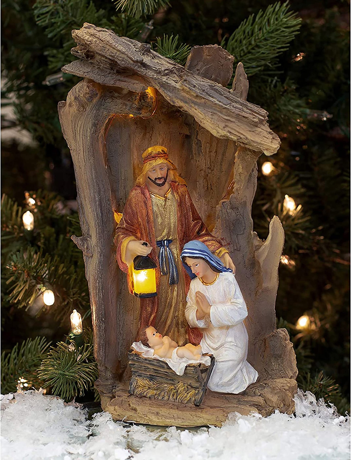 Three Kings Gifts Lighted Holy Family Nativity Scene Christmas Manger Display with LED Lights – Indoor Religious Holiday Décor Featuring Mary, Joseph & Baby Jesus – Rustic Stable Christmas Decoration