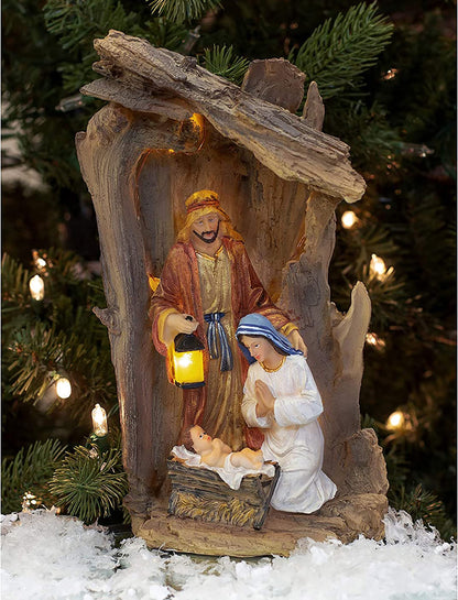 Three Kings Gifts Lighted Holy Family Nativity Scene Christmas Manger Display with LED Lights – Indoor Religious Holiday Décor Featuring Mary, Joseph & Baby Jesus – Rustic Stable Christmas Decoration