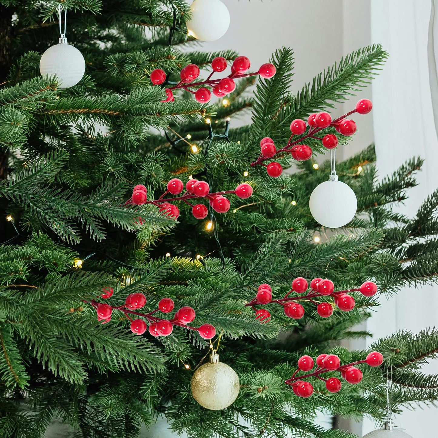 24 Pcs Christmas Artificial Pine Picks and Red Berry Stems, 10.5 Inch Greenery Pine Sprigs, 8 Inch Red Berry Branches, Faux Holiday Floral Picks for Wreaths, Garlands, Craft DIY, and Xmas Decorations