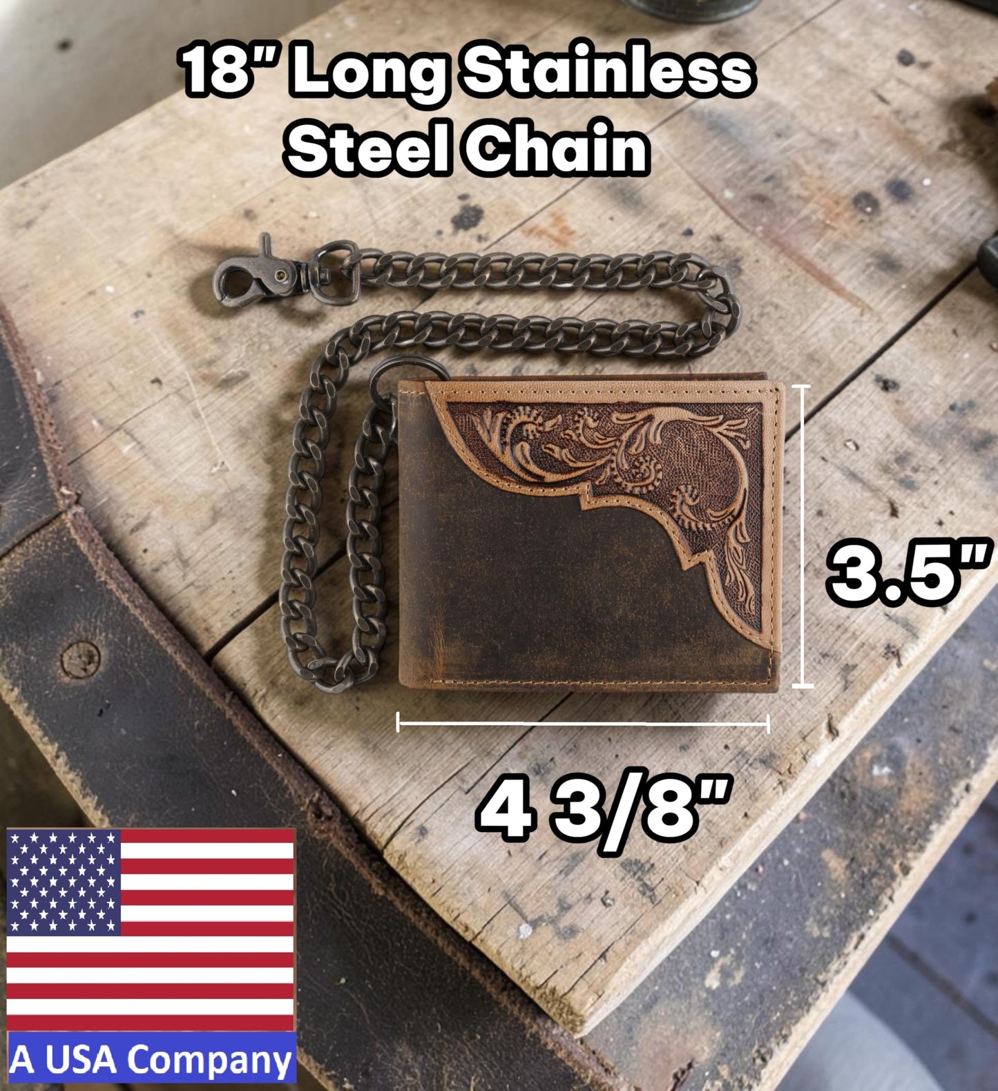 F&L CLASSIC RFID Blocking Mens bi-fold Style Cowhide Leather Steel Chain Wallet, brown western style,texas 83