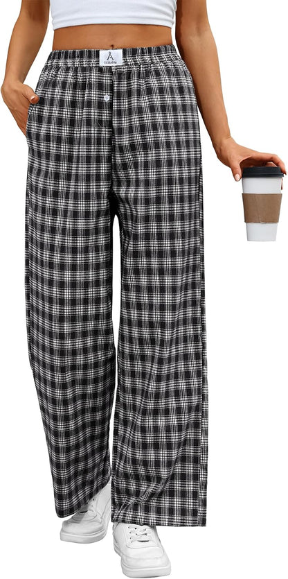 ANRABESS Womens Striped Gingham Pants 2025 Pajama Lounge Boxer Pants Cute Comfy PJ Bottoms with Pockets Y2K Plaid Outfits