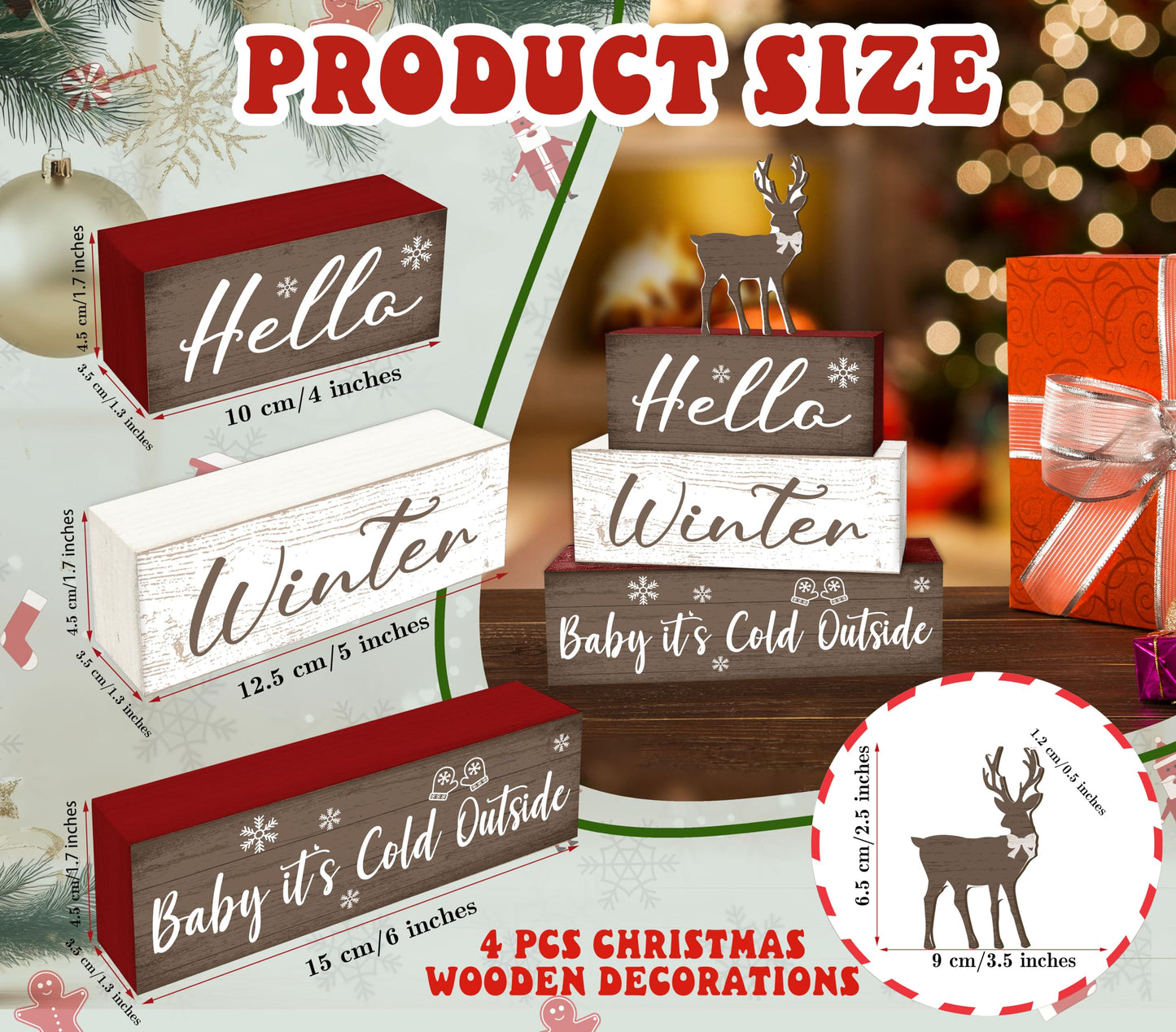 4 Pcs Bow Reindeer Christmas Decor, Snowflakes Table Decorations, Christmas Tiered Tray Desk Decor Gifts, Hello Winter Wooden Xmas Stack Block Signs Table Centerpiece for Farmhouse Office -B11