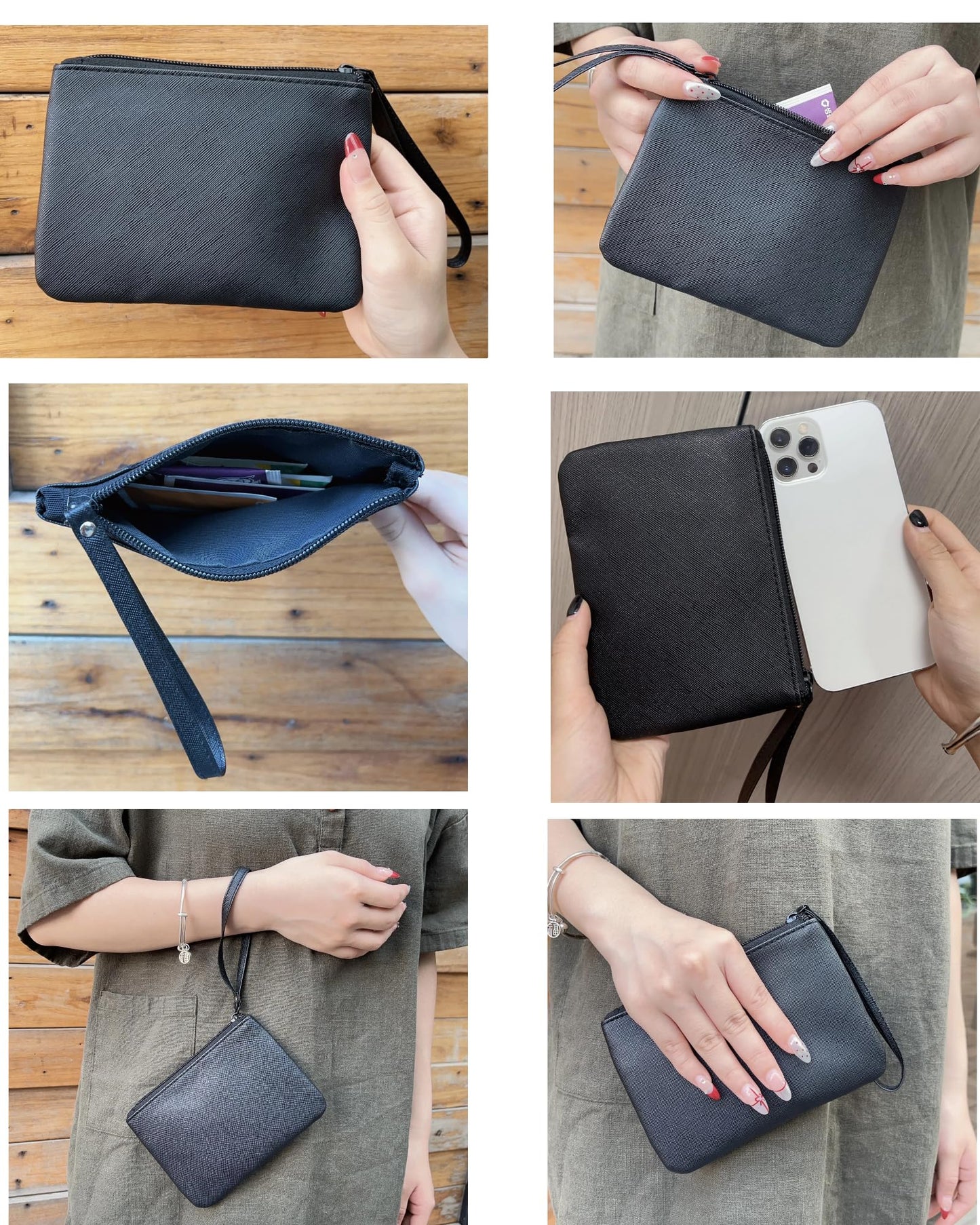 4.5 x 6.5 Clutch Stadium Approved, Leather Coin Purse for Women Wristlet Money Pouches for Cash Car Change with Zipper Lipstick Holder, Extra Small Makeup Bag for Purse Organizer Insert, Black