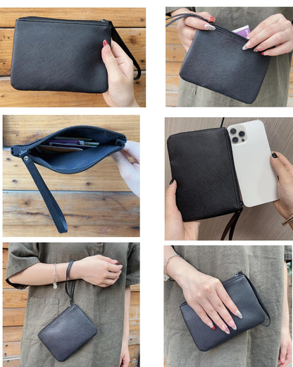 4.5 x 6.5 Clutch Stadium Approved, Leather Coin Purse for Women Wristlet Money Pouches for Cash Car Change with Zipper Lipstick Holder, Extra Small Makeup Bag for Purse Organizer Insert, Black