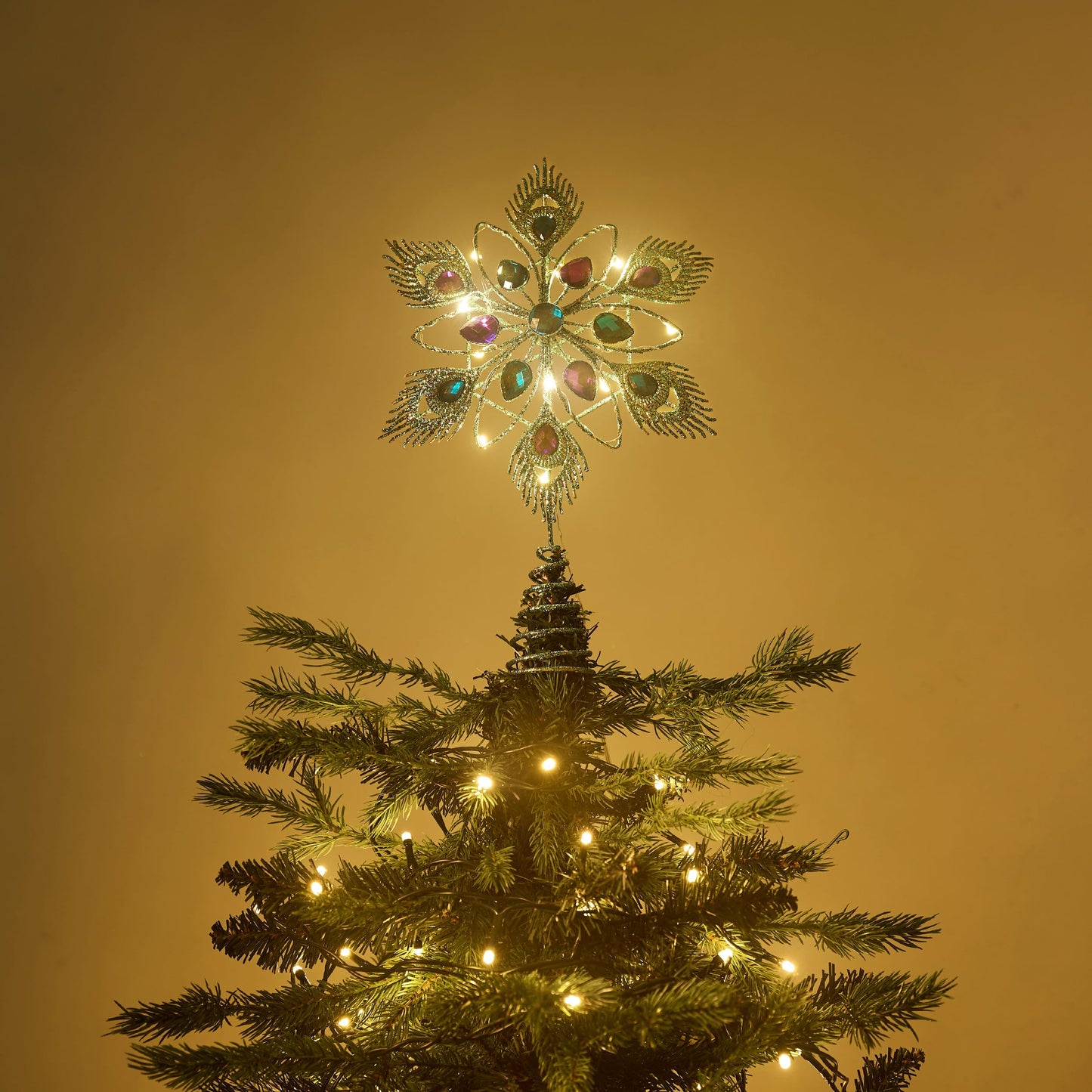 Valery Madelyn Lighted Christmas Tree Topper Star with Timer for Tree Decorations, 13 Inch Blue and Silver Metal Star Tree Topper Snowflake Peacock Feather Jewel with Lights for Mardi Gras Decoration