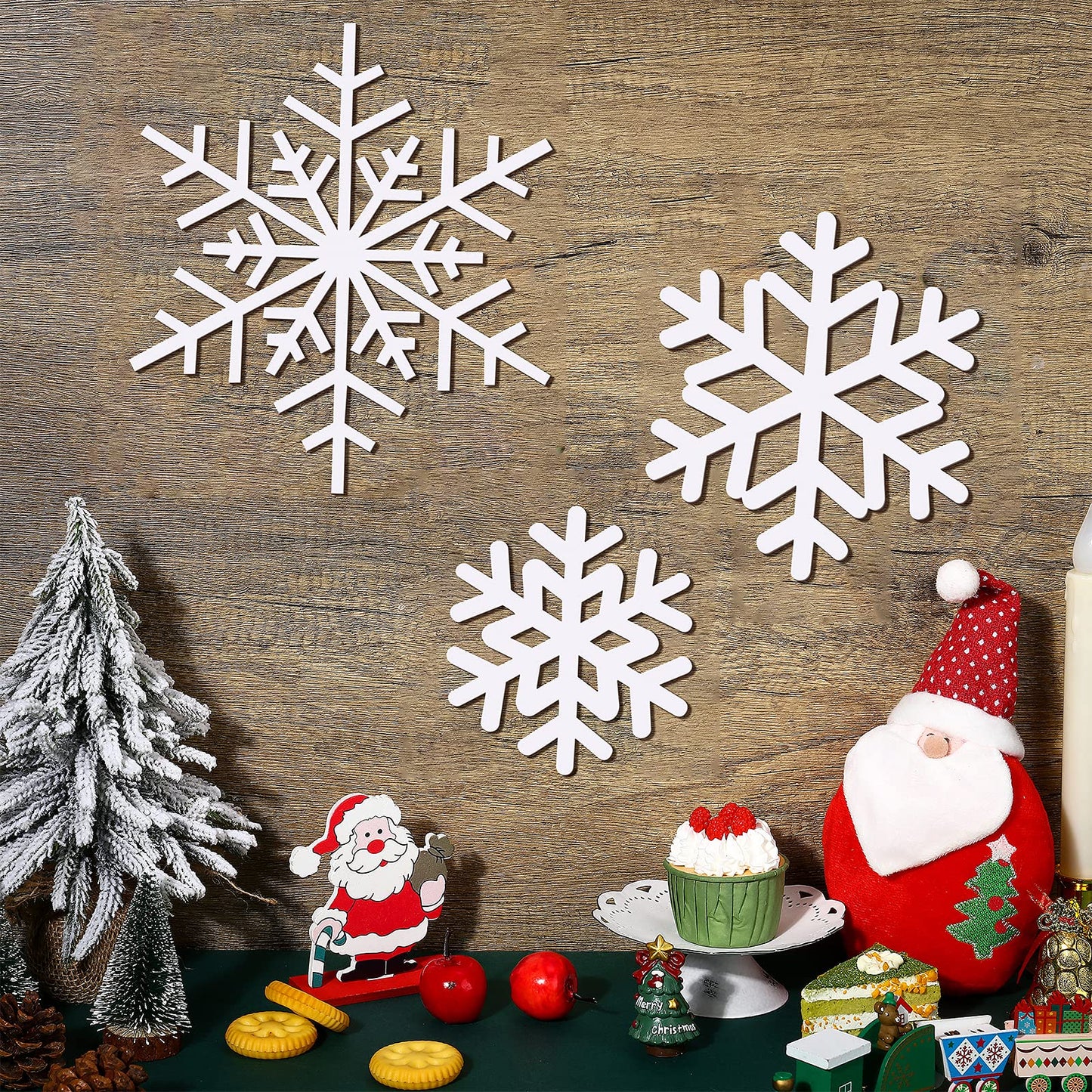 Jetec 3 Pcs Winter Snowflake Wall Decor Winter Wooden Snowflake Wall Table Sign Christmas Rustic Wonderland Hanging Plaques Decorations for Front Door Table Xmas Holiday Decor(White)