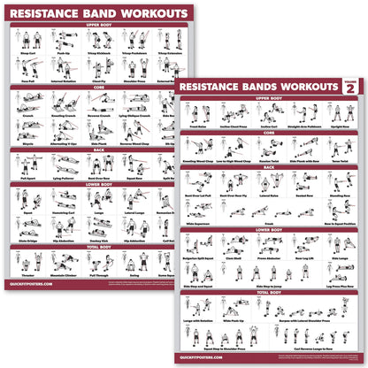 2 Pack Resistance Bands Volume 1 & 2 Exercise Poster Set - Resistance Tubes Workout Charts (Laminated, 18" x 24")