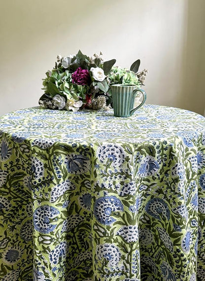 ATOSII Amara 100% Cotton Round Summer Tablecloth, Handblock Print Floral Table Cloth for Kitchen Dining Linen I Parties, Weddings, Outdoors I Grand Millennial Farmhouse Home Decor 90" Inches Round