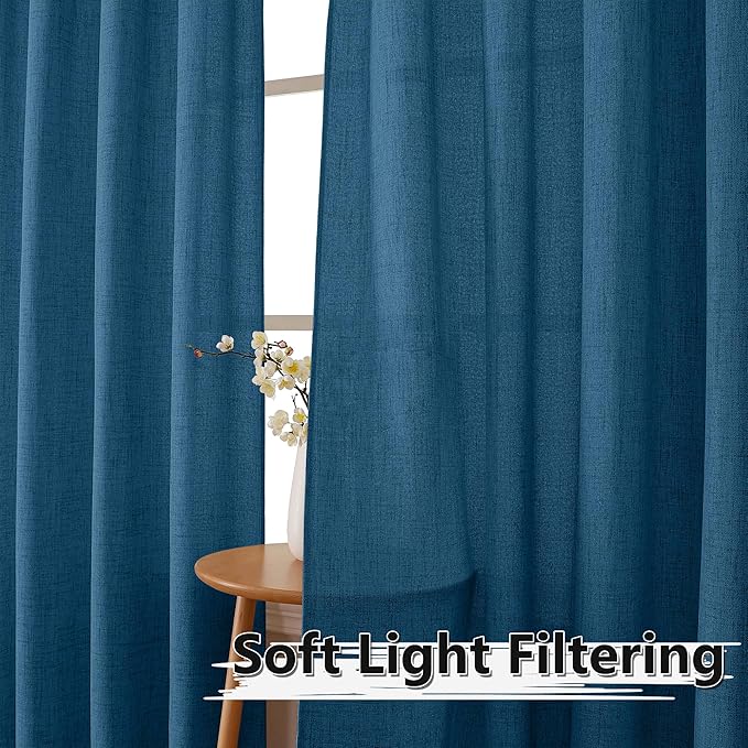 Tollpiz Short Linen Tier Curtains Rod Pocket Semi Sheer Half Kitchen Curtain Burlap Light Filtering Thick Linen Drapes for Bathroom, 30 x 24 inches Long, Classic Blue, Set of 2 Panels