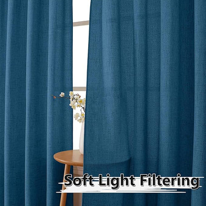 Tollpiz Short Linen Tier Curtains Rod Pocket Semi Sheer Half Kitchen Curtain Burlap Light Filtering Thick Linen Drapes for Bathroom, 30 x 24 inches Long, Classic Blue, Set of 2 Panels