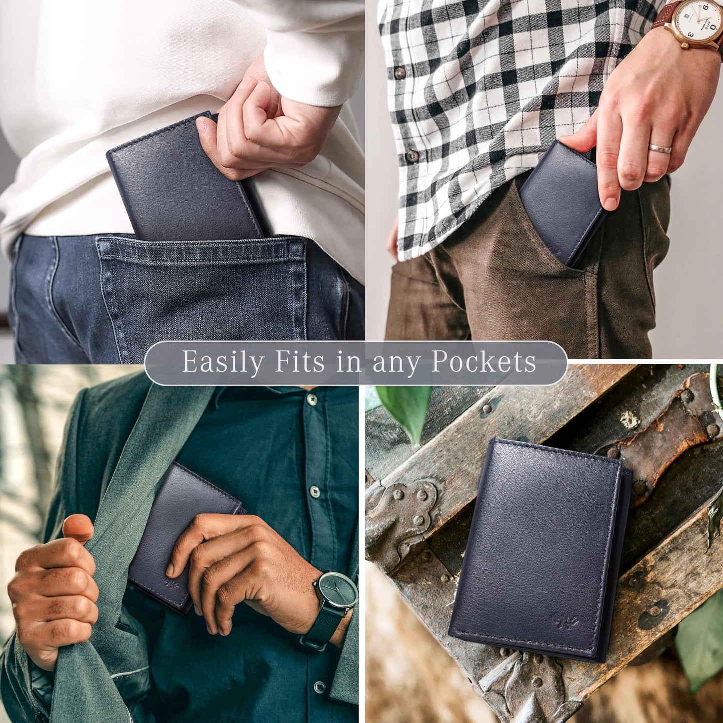 LushLuxeoria Full Grain Genuine Leather Wallet for Men, Handcrafted Travel Wallet, Minimalist Slim Trifold Wallet, Anti-Theft RFID Blocking Wallet - Tri-fold - Navy
