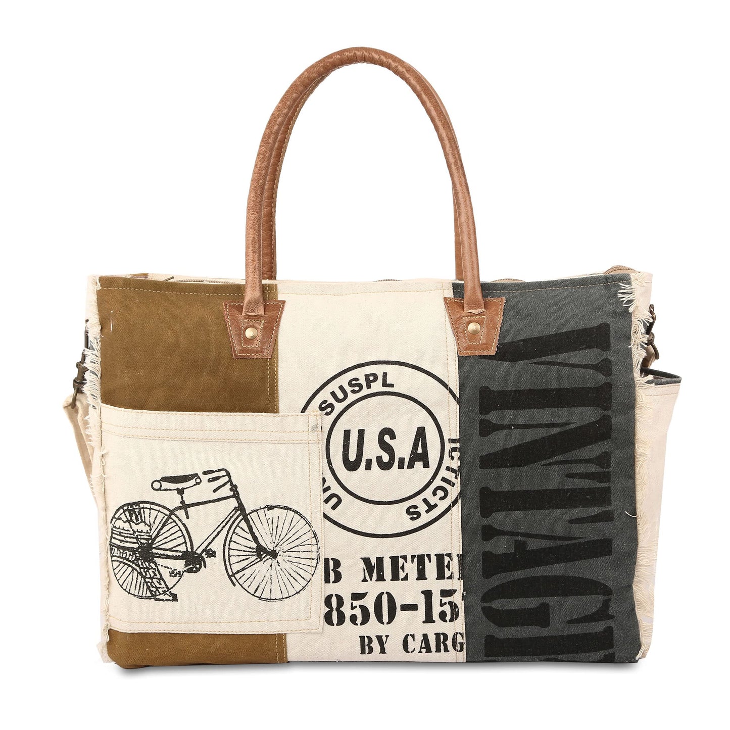 Sel De Mer Upcycled Canvas and leather Hand Bag Cowhide Tote Bag shopping bag carry on leather bag (White)