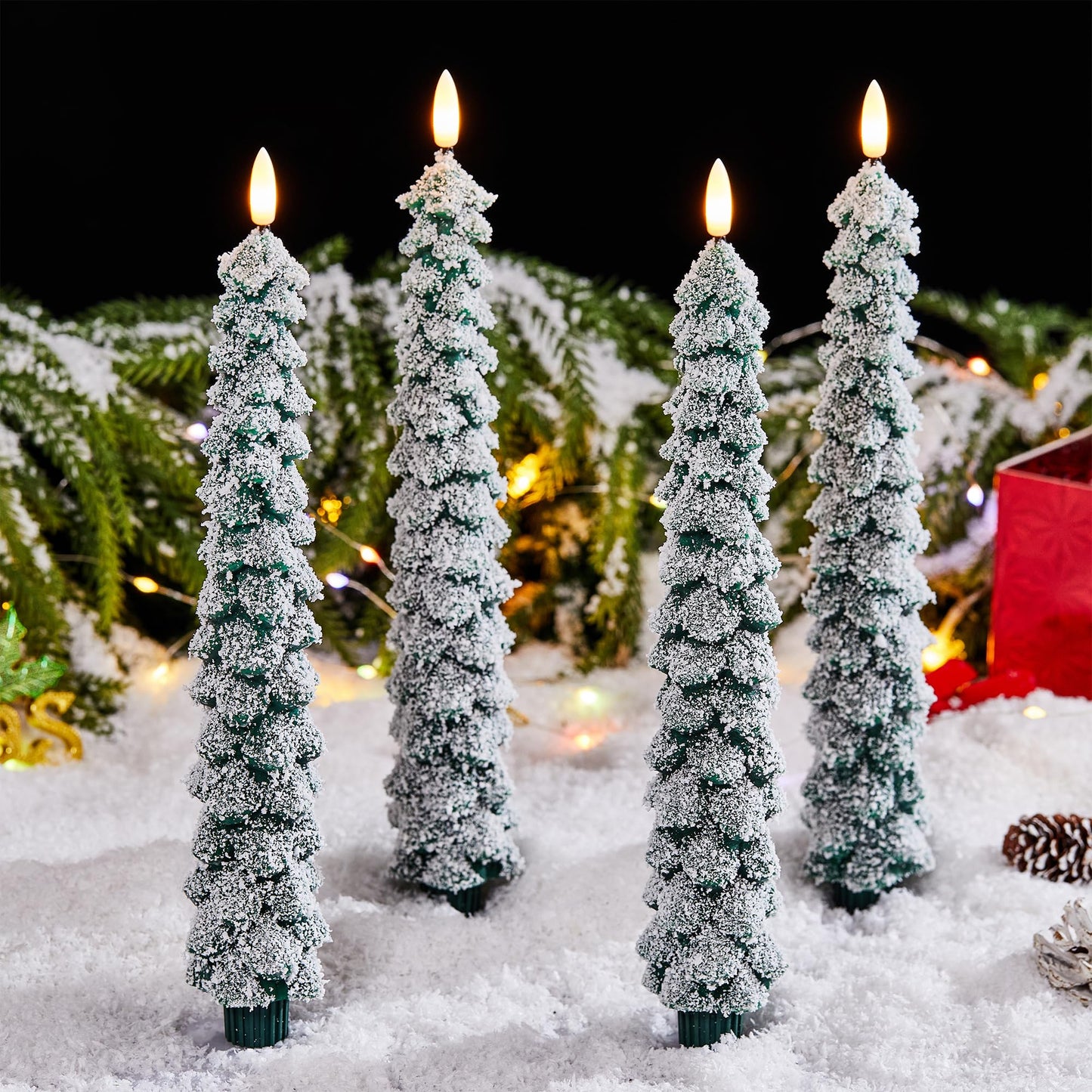 Velsyn 4 Pack Christmas Tree Candles Covered in Snow with Remote, 11 Inch Real Wax flameless Taper Candles, LED Candle Battery Operated with 3D Flickering Flame, Green Candlesticks Christmas Decor