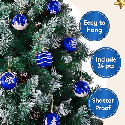 Joiedomi 24 Pcs Christmas Ball Ornaments, Blue & White 2.3” Deluxe Delicate Painting & Glittering Shatterproof Christmas Tree Ornaments for Wreath Garland Holiday Indoor Party