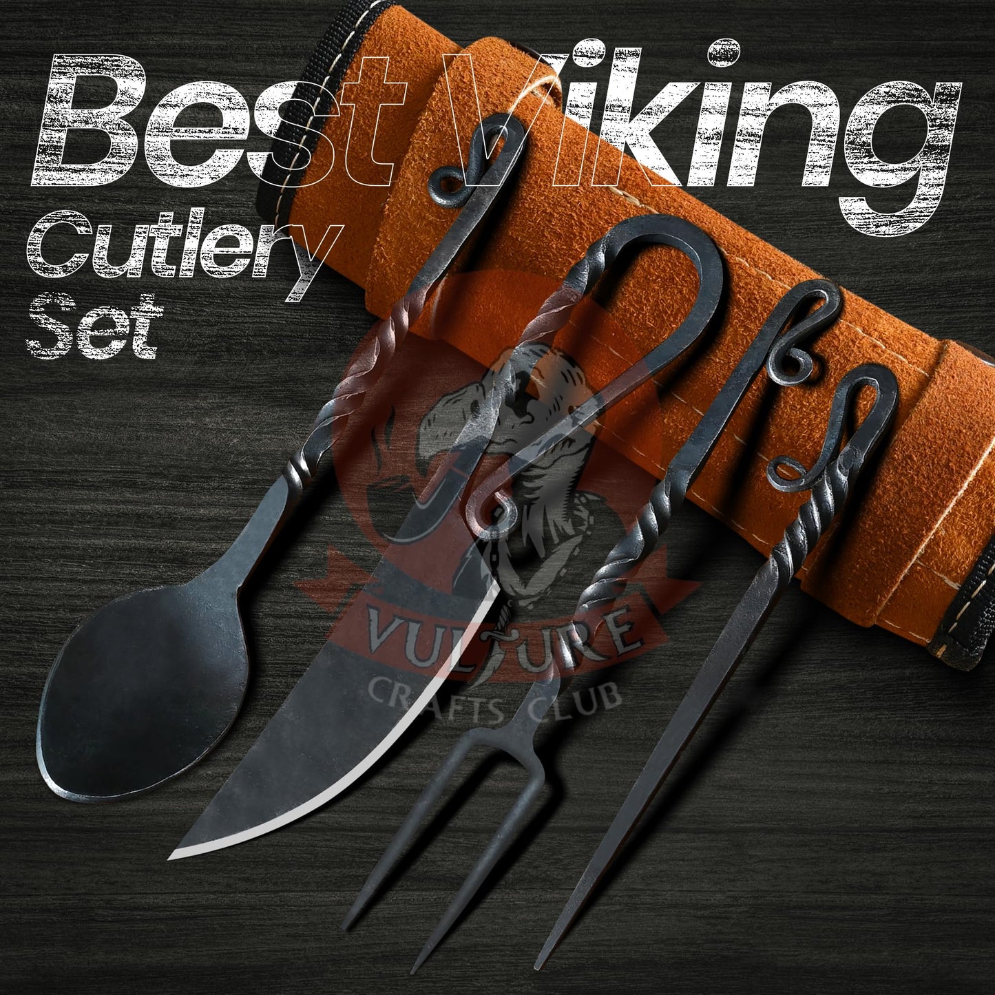 VULTURE CRAFTS CLUB, Medieval Silverware Set with Leather Cover - Hand Forged Medieval Cutlery Set - Viking Camping Utensils, Medieval Decor, Gifts - 4 Pcs Viking Utensils Set Fork Spoon and Knife Set (all Black)