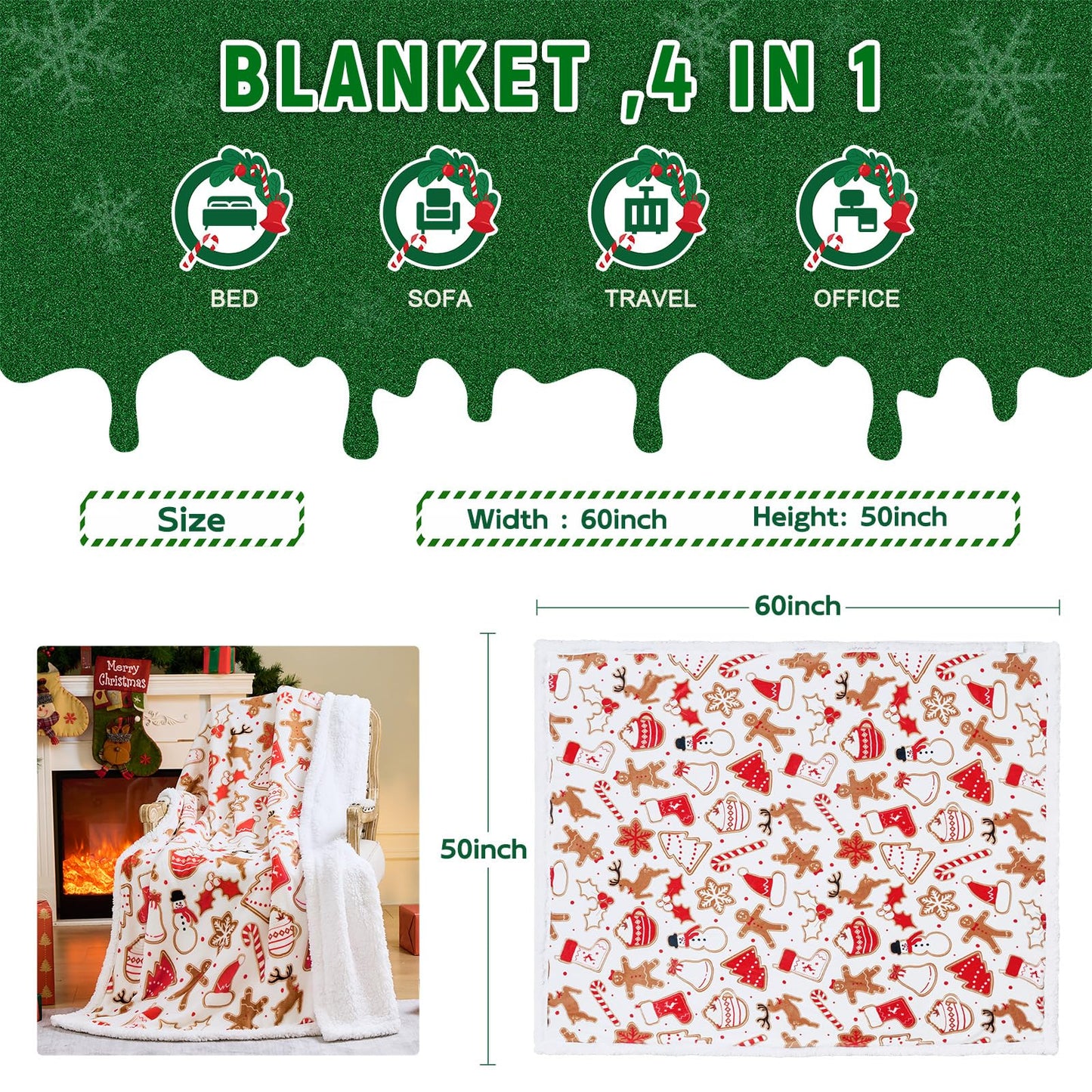NORD ECO Christmas Throw Blanket, Christmas Decorations Gifts for Women, Sherpa Flannel Fleece Winter Holiday Blanket, Fluffy Cozy Soft Christams Throws for Couch Sofa Bed, Gingerbread, 50" X 60"