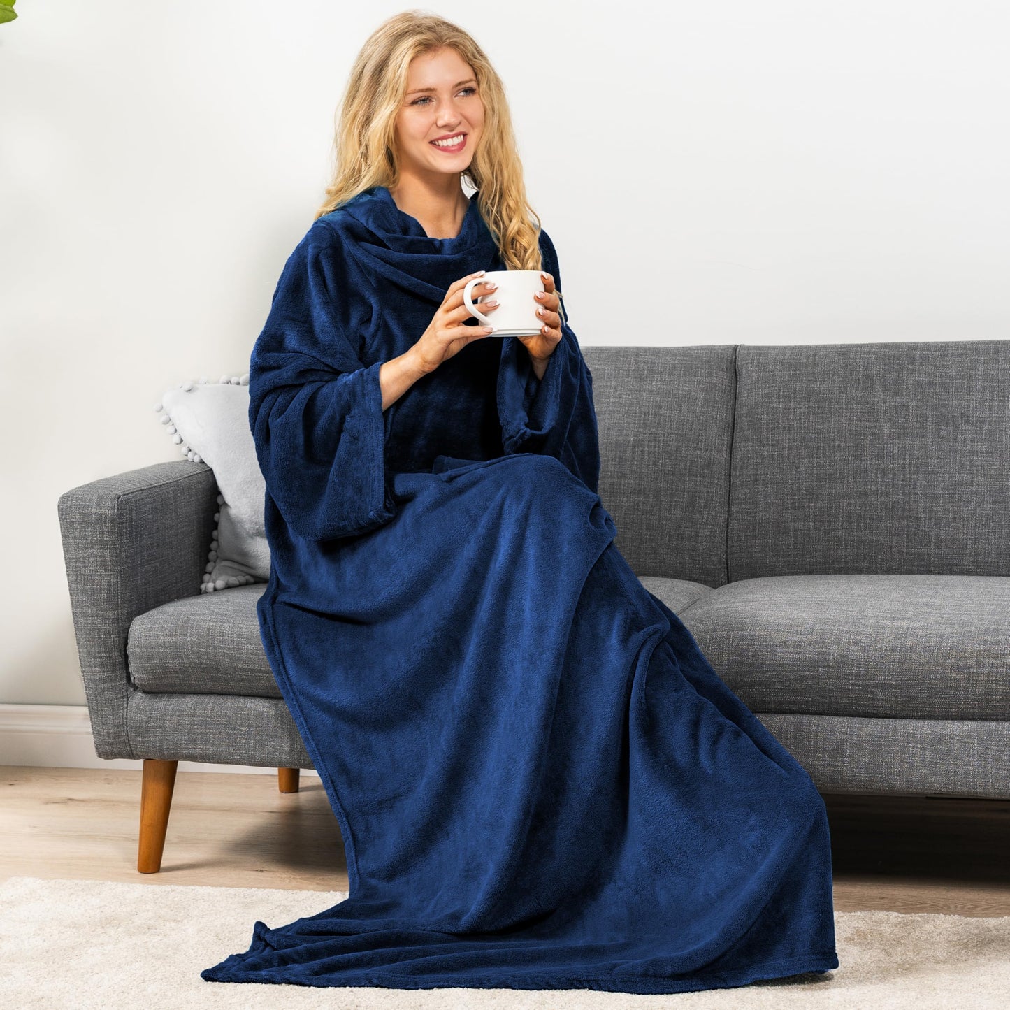 PAVILIA Wearable Blanket with Sleeves for Adult Women Men, Cozy Fleece Warm Wrap Throw Blanket with Arms, Pocket, Gifts for Christmas, Wife, Navy Blue