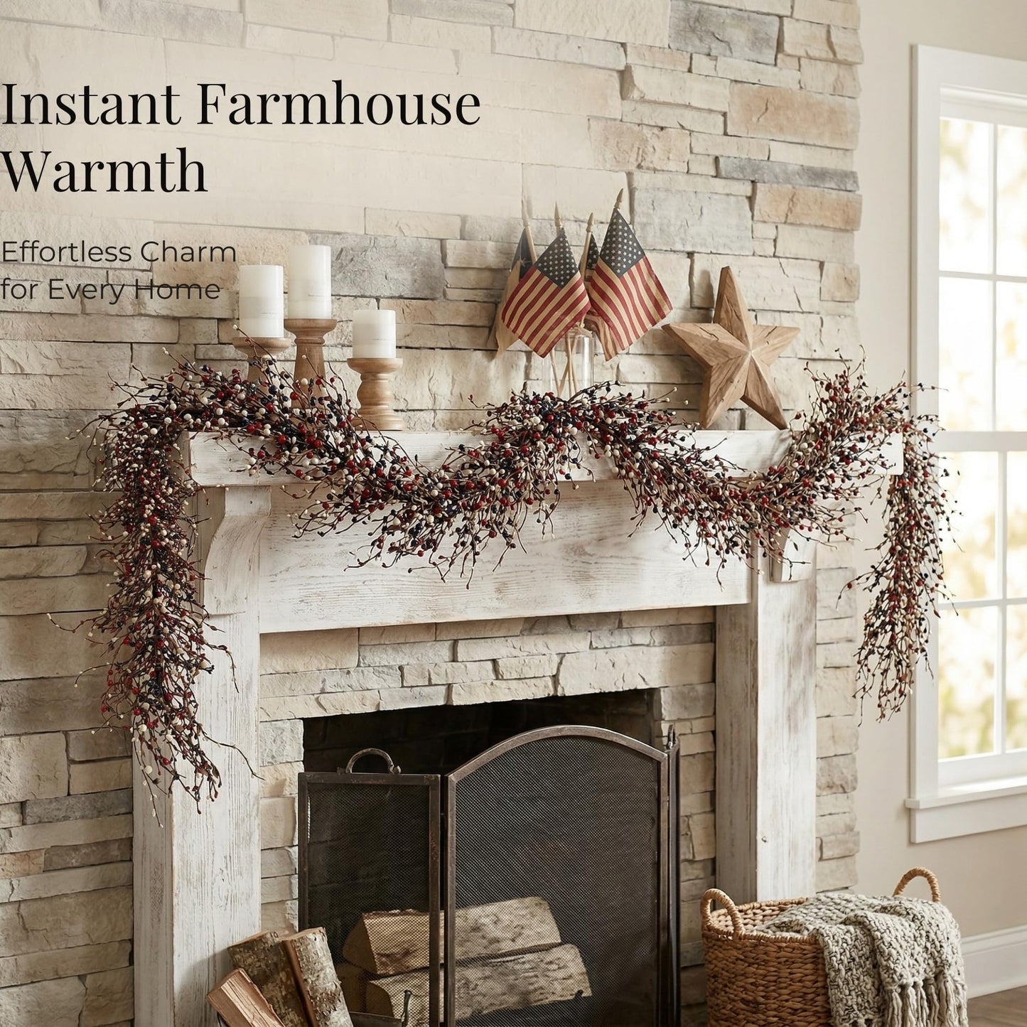 Quixem 5FT (60 in) Patriotic Red White & Blue Pip Berry Garland for Mantel & Table Decor, Americana Farmhouse Decor for 4th of July & Memorial Day, Rustic Flexible Wired Vine, Precise Length