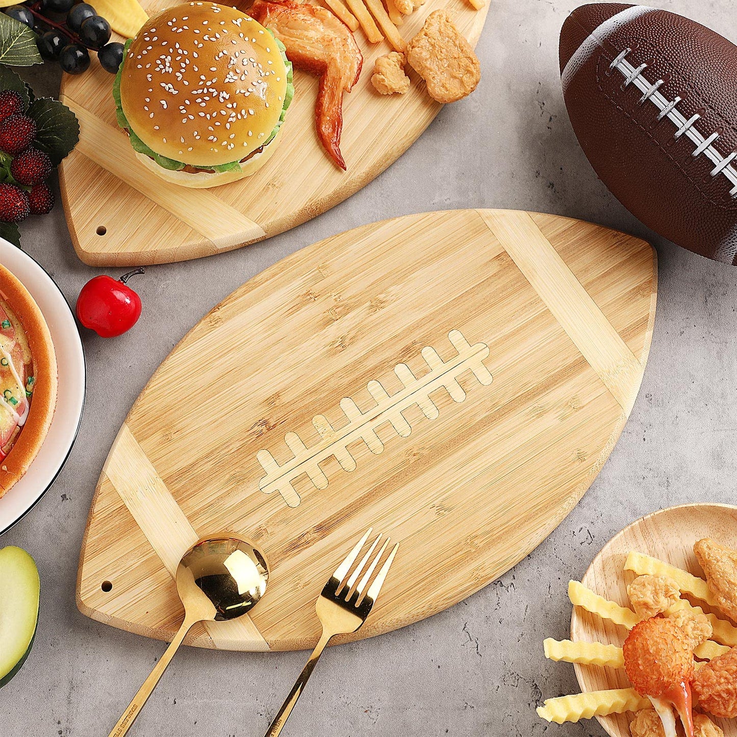 Foaincore 2 Pieces Football Shaped Cutting Board Bamboo Charcuterie Serving Tray Gift Set 15 Inch for Football Lovers Touchdown Themed Party Decoration Favor Supplies