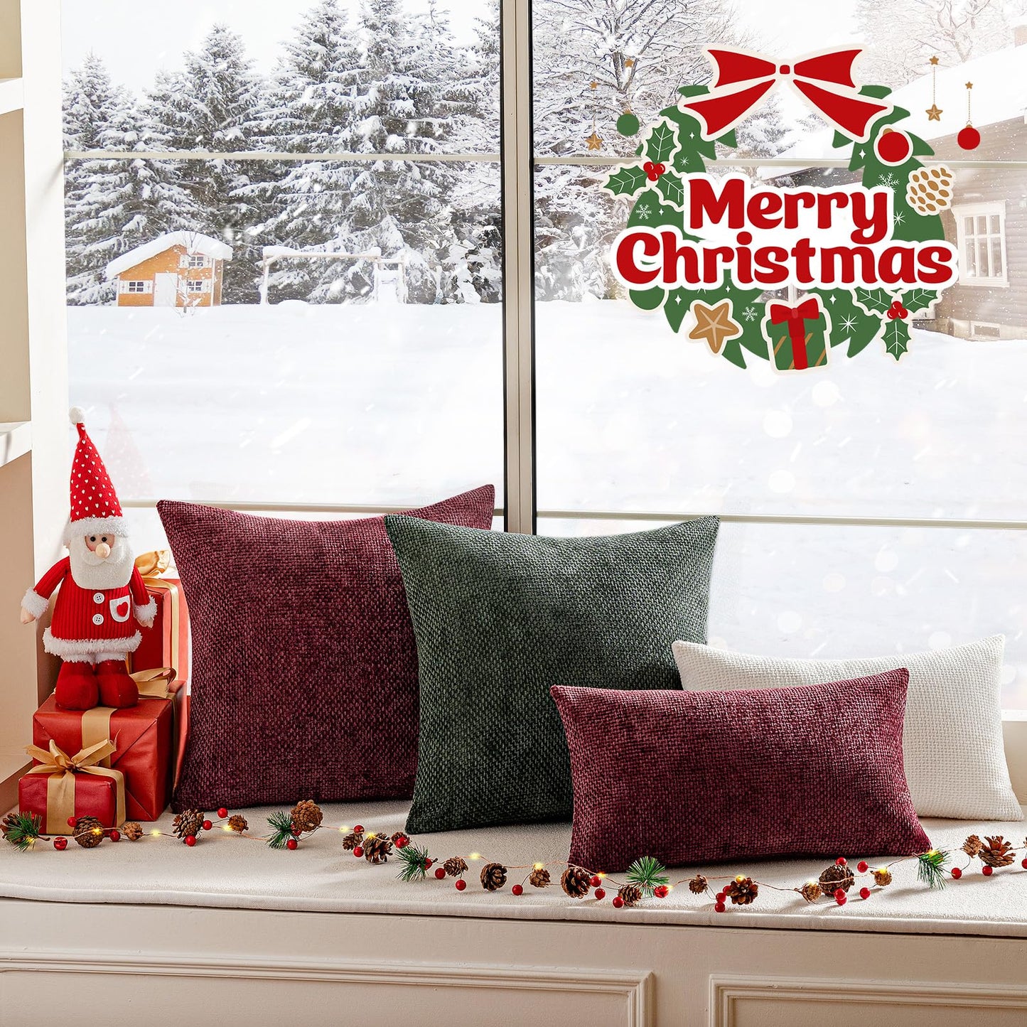 a moment Christmas Wine Red Chenille Throw Pillow Covers 20x20 Inch Pack of 2 Modern Decorative Throw Pillow Covers Farmhouse Cross Covers Home Decor for Sofa Bedroom Living Room
