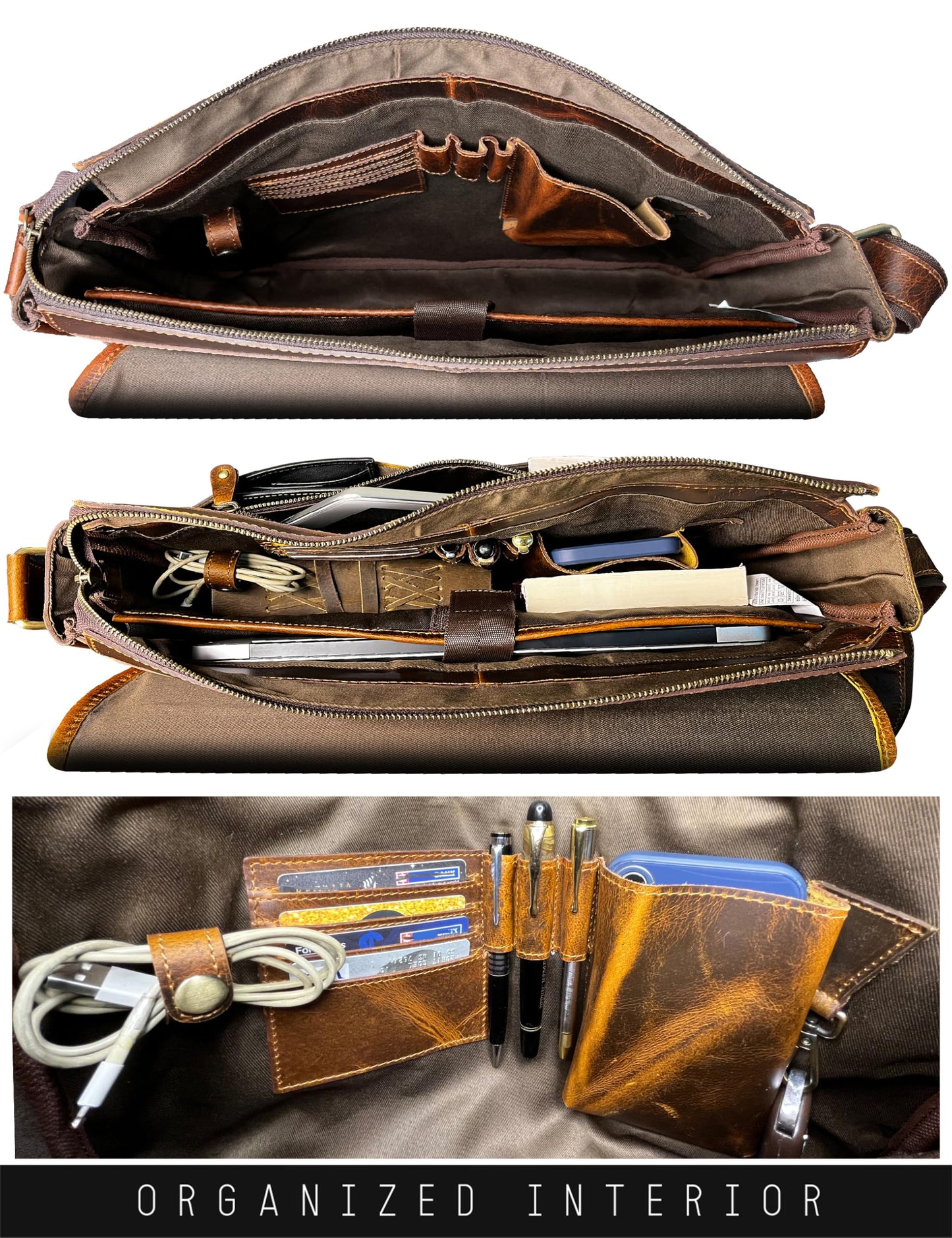 RUSTIC TOWN Leather Messenger Bag for Men Women - Full Grain Leather Laptop Satchel Office Shoulder Bag (16-Inch, Brown)