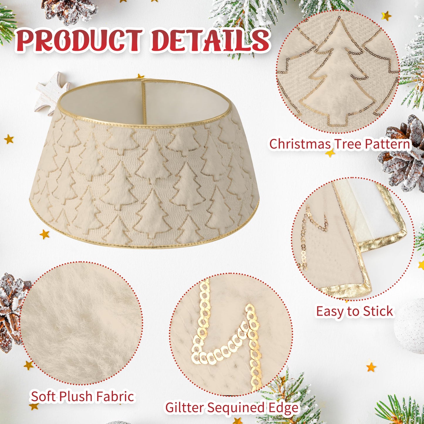 Faux Plush Christmas Tree Collar,Rustic Farmhouse Tree Skirt Ring with Xmas Tree Textured Pattern for Holiday Christmas Indoor Home Decor