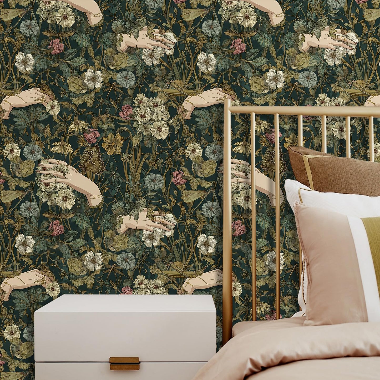 LHIUEM Gothic Flower and Hands Contact Paper Victorian Goth Hands Whimsical Wallpaper Dark Academia Peel Stick Wallpapers(17.3"×118") Boho Whisty Flowers Vintage Wallpaper for Room Wall Cabinet