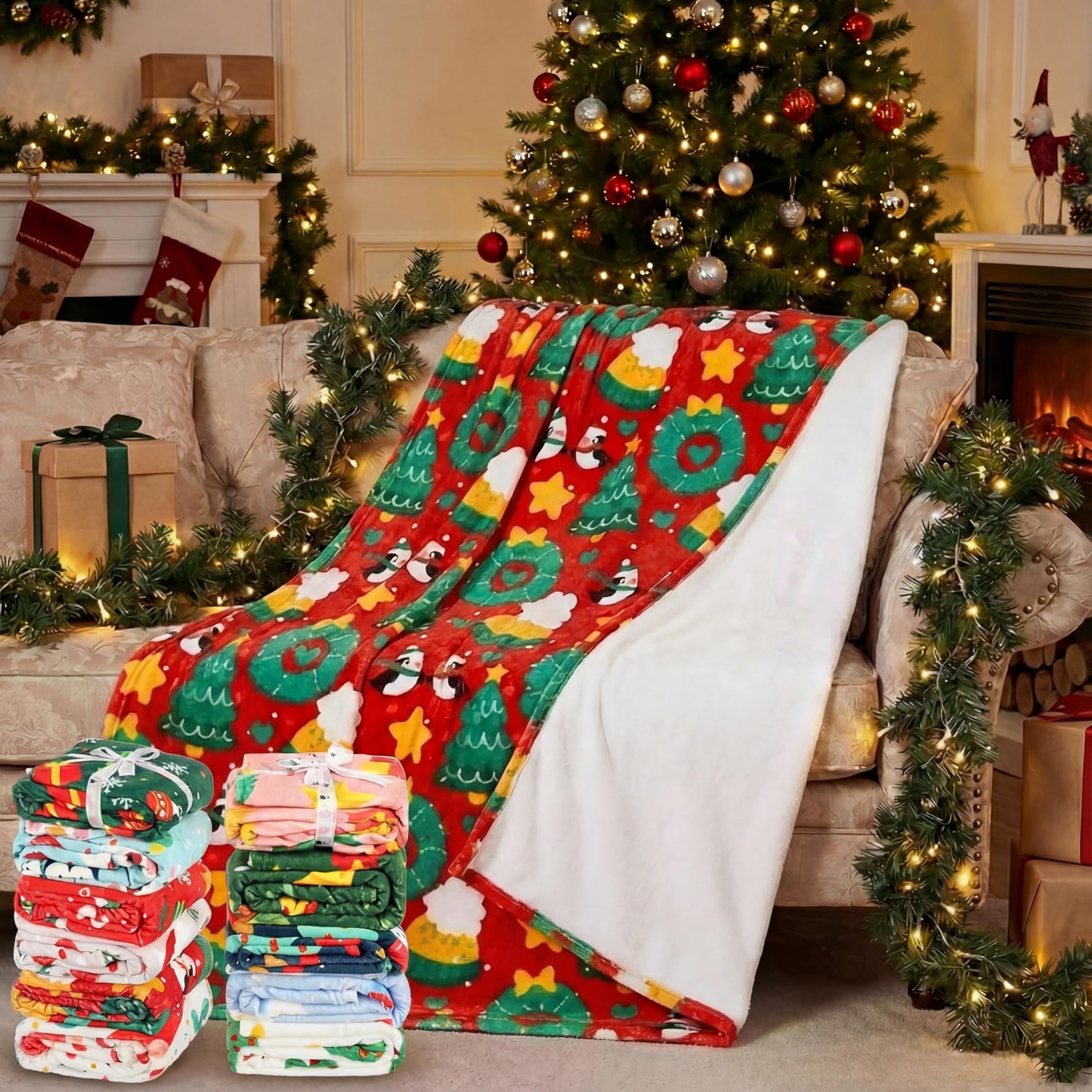 Windkream 12 Pcs Christmas Throw Blankets for Homeless with Ribbon Xmas Flannel Fleece Blankets Gingerbread Snowman Lightweight Soft Plush Couch Throw for Bedroom Winter (50 x 60 Inch)