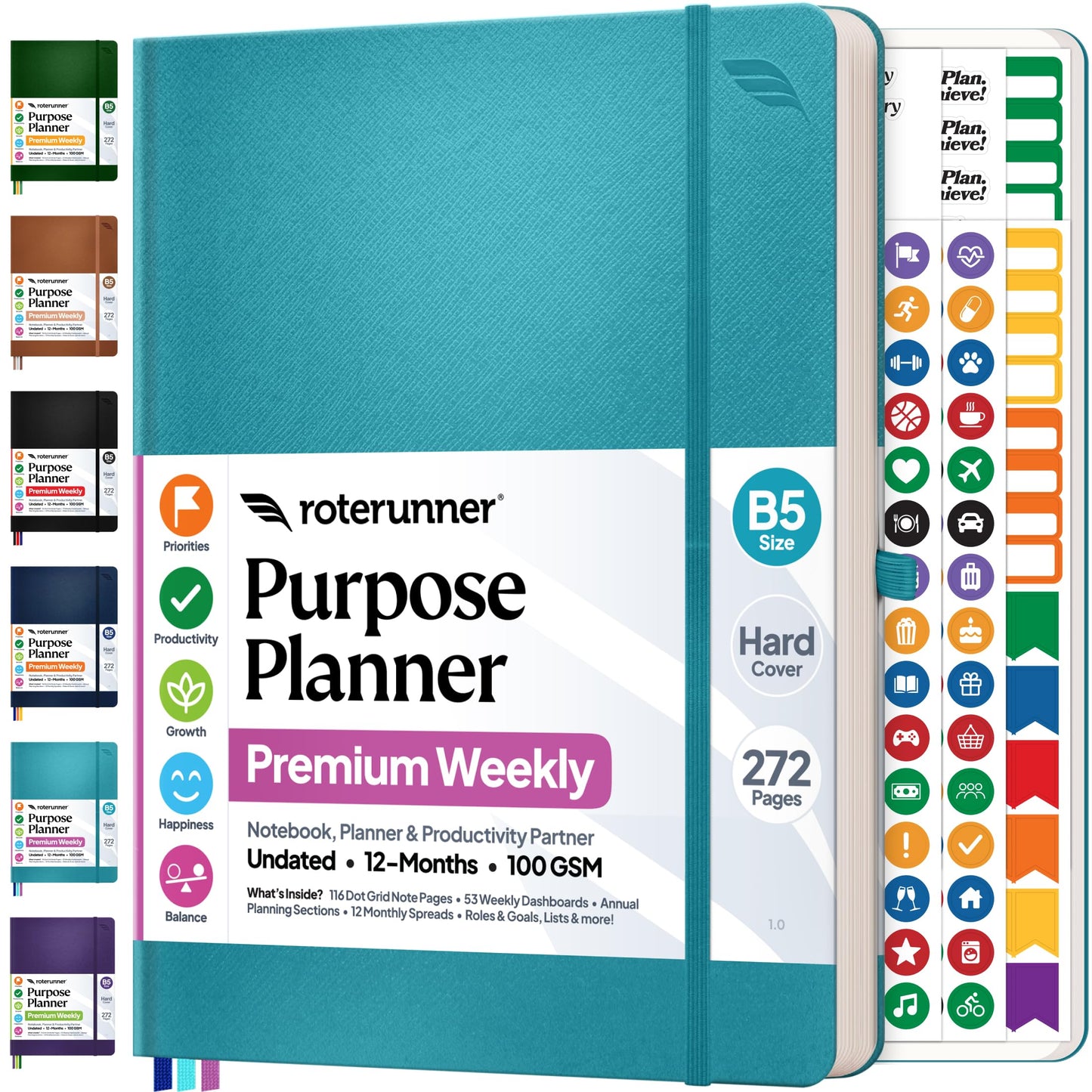 Roterunner Purpose Planner Notebook B5 7.5”x9.8” 12 Month Undated 2026 Daily Weekly and Monthly Productivity Goal Setting Tool for Work Home ADHD Planner for Adults Self Care Journa (Teal)