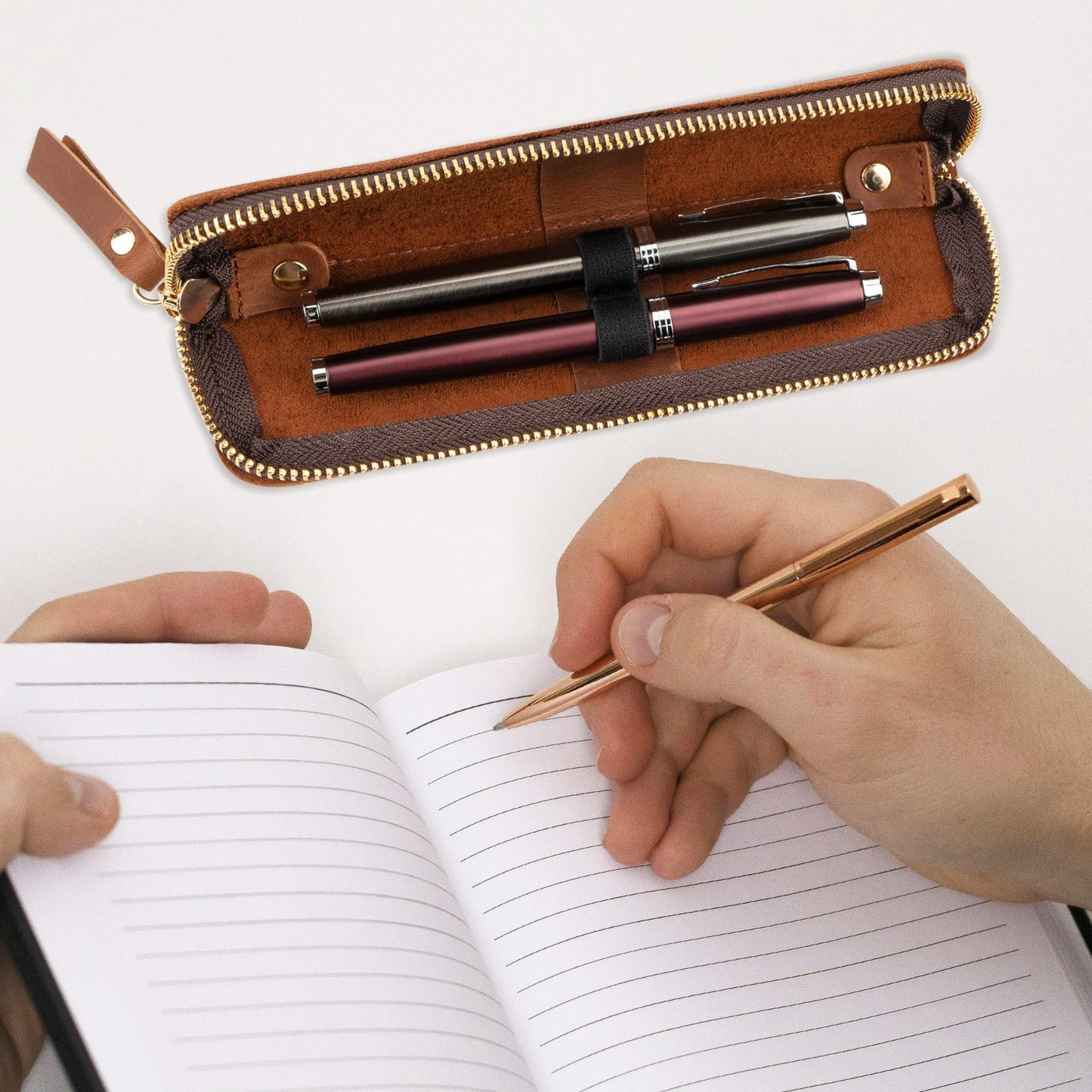 JANKINGS Genuine Leather Pen Case with Dual Elastic Loops - Vintage Fountain Pen Pouch with Metal Zipper - Slim 2-Slot Pencil Sleeve Organizer for Expensive Pens, Writing Instruments - Brown