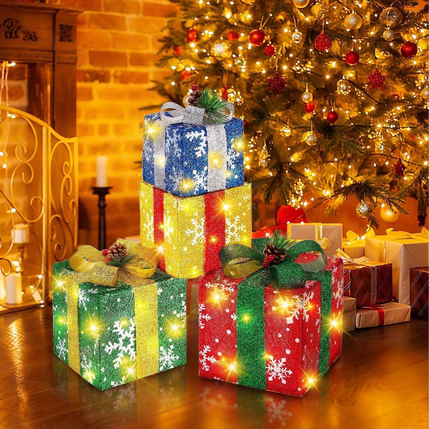 Set of 4 Christmas Lighted Gift Boxes with Plug, Pre-lit LED Light Up Present Boxes for Xmas Tree Porch Decor, Christmas Decorations Indoor Outdoor