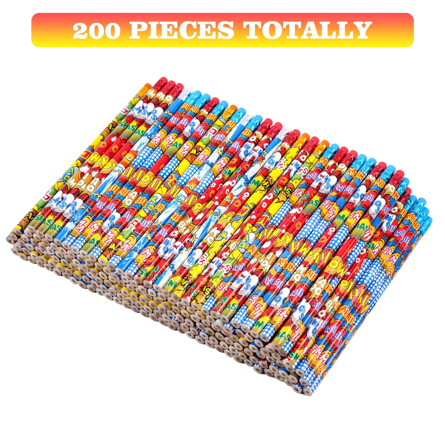 Kolewo4ever 200 Pieces Hero Text Pencils Cylinder Wood Pencils Pow Snap Wham Bang Elements Pencil 4 Style Assorted Students Pencil for Classroom Rewards Carnival Prizes