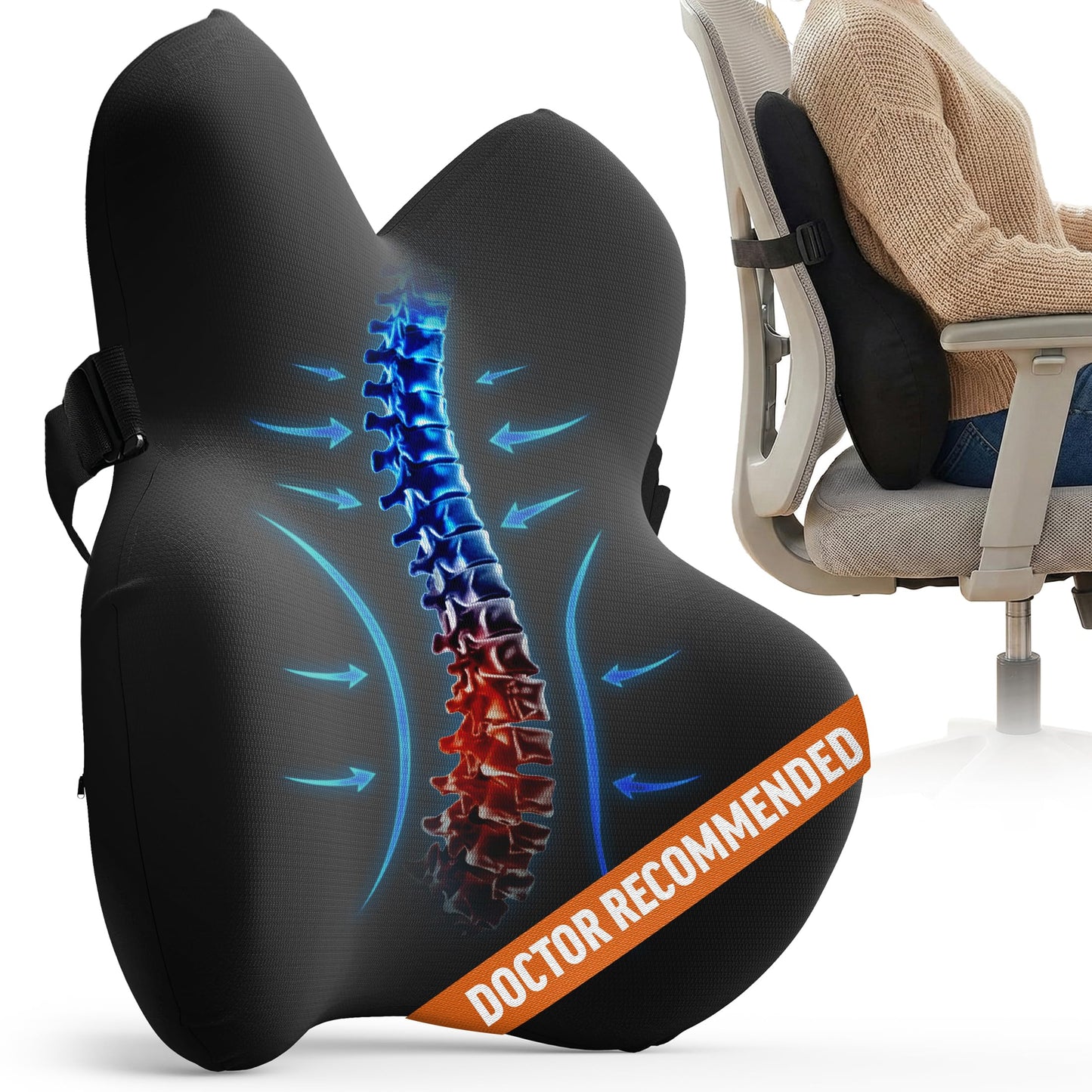 Everlasting Comfort Lumbar Support Pillow for Office Chair - Memory Foam Back Cushion for Car Seat - Promotes Better Posture, Back Pain Relief - Ideal Gaming and Desk Chairs Work and Home Essentials