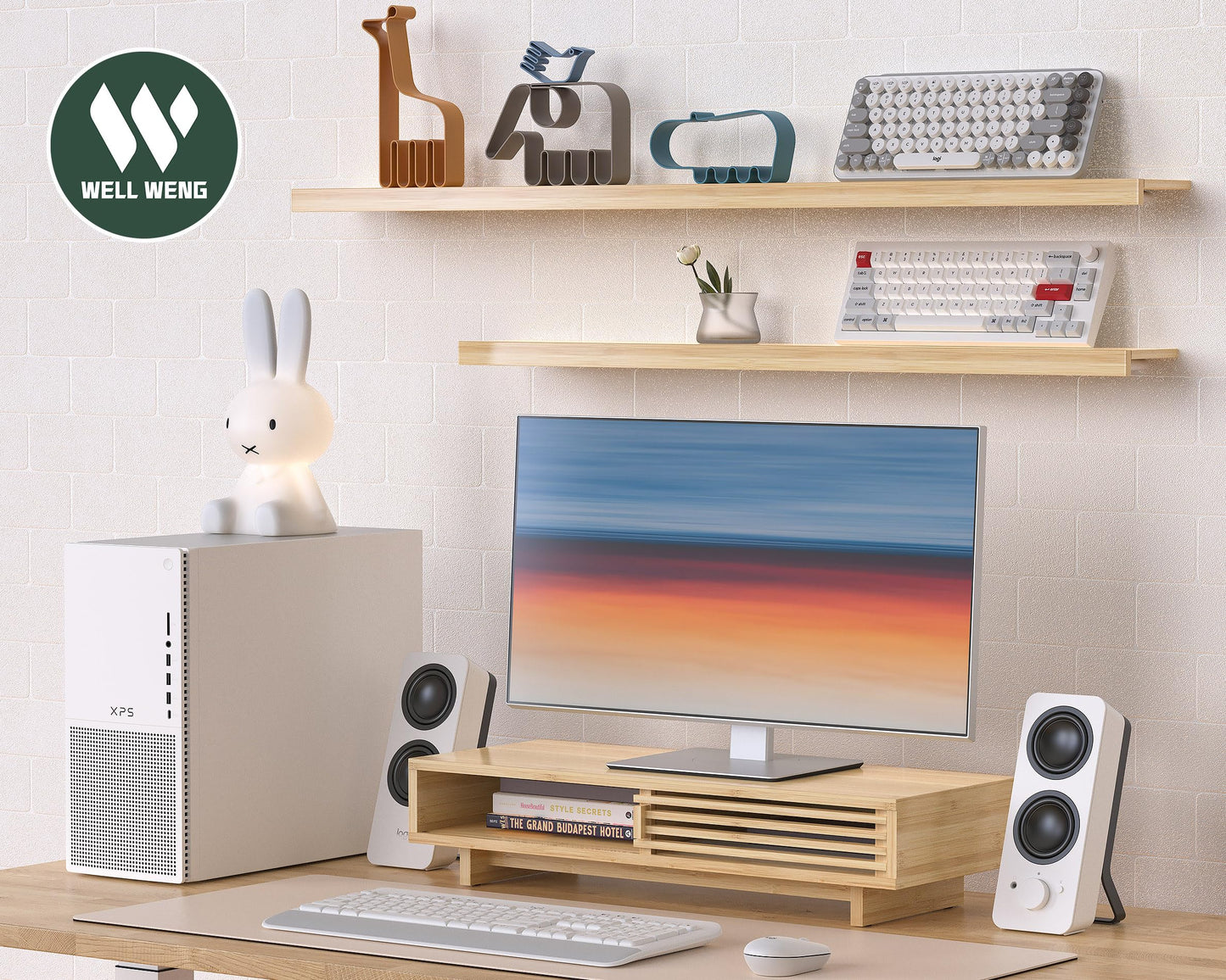 WELL WENG Monitor Stand Riser with Sliding Door, Computer Laptop Stand Desk Shelf Organizer with Storage (Natural Bamboo, 25 Inch)