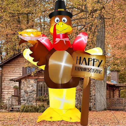 12FT Thanksgiving Inflatables, Super Huge Inflatable Turkey Holding Pumpkin Pie and Happy Thanksgiving Sign, Lighted Blow Up Turkey for Yard Decor Outdoor Lawn Garden Autumn Holiday Harvest