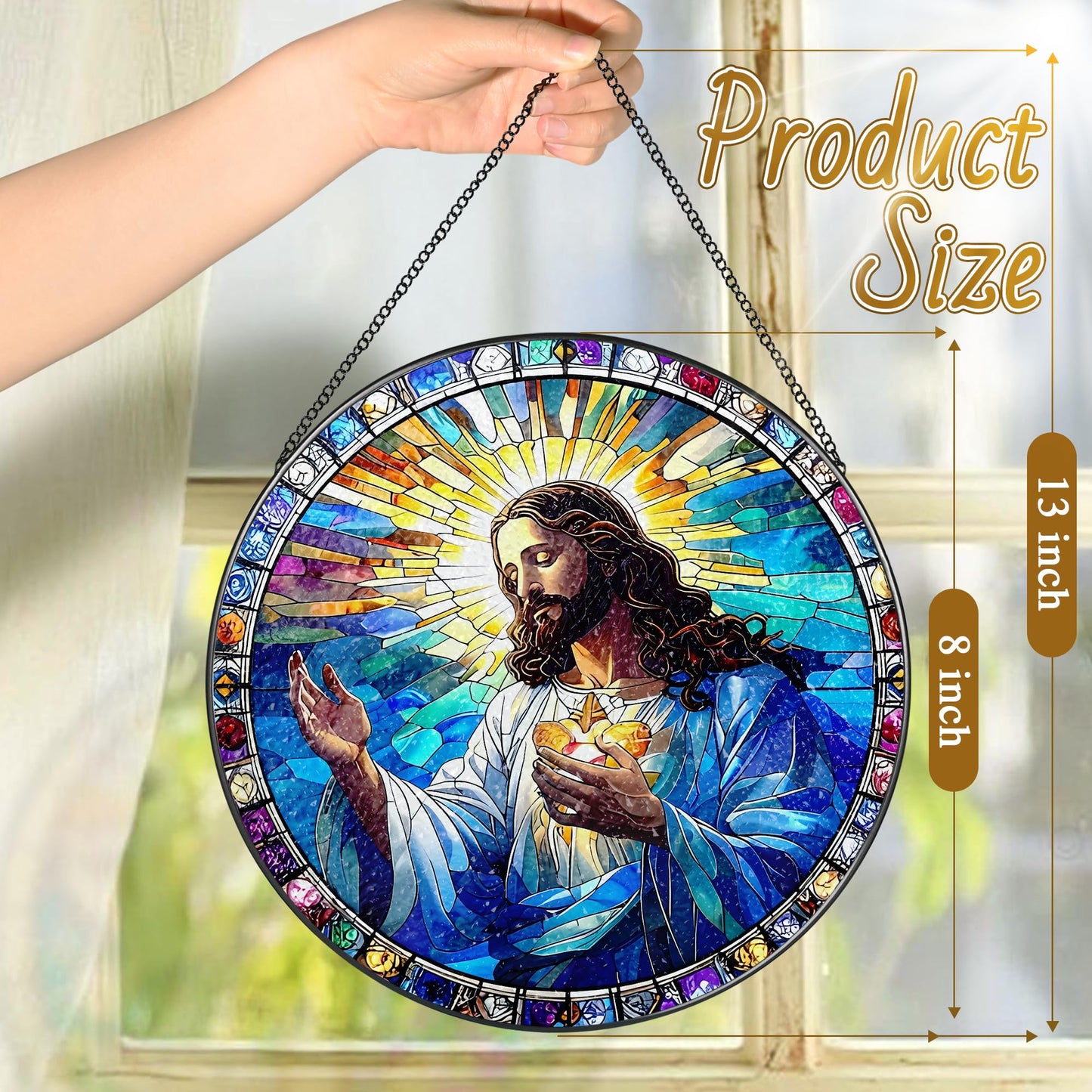 LAOWEIKI 8'' Jesus Christ Suncatcher Ornament, Stained Glass Window Hanging, Christian Home Decor, Religious Decor, Gifts for Christian, Gifts for Christmas, Religious Gift