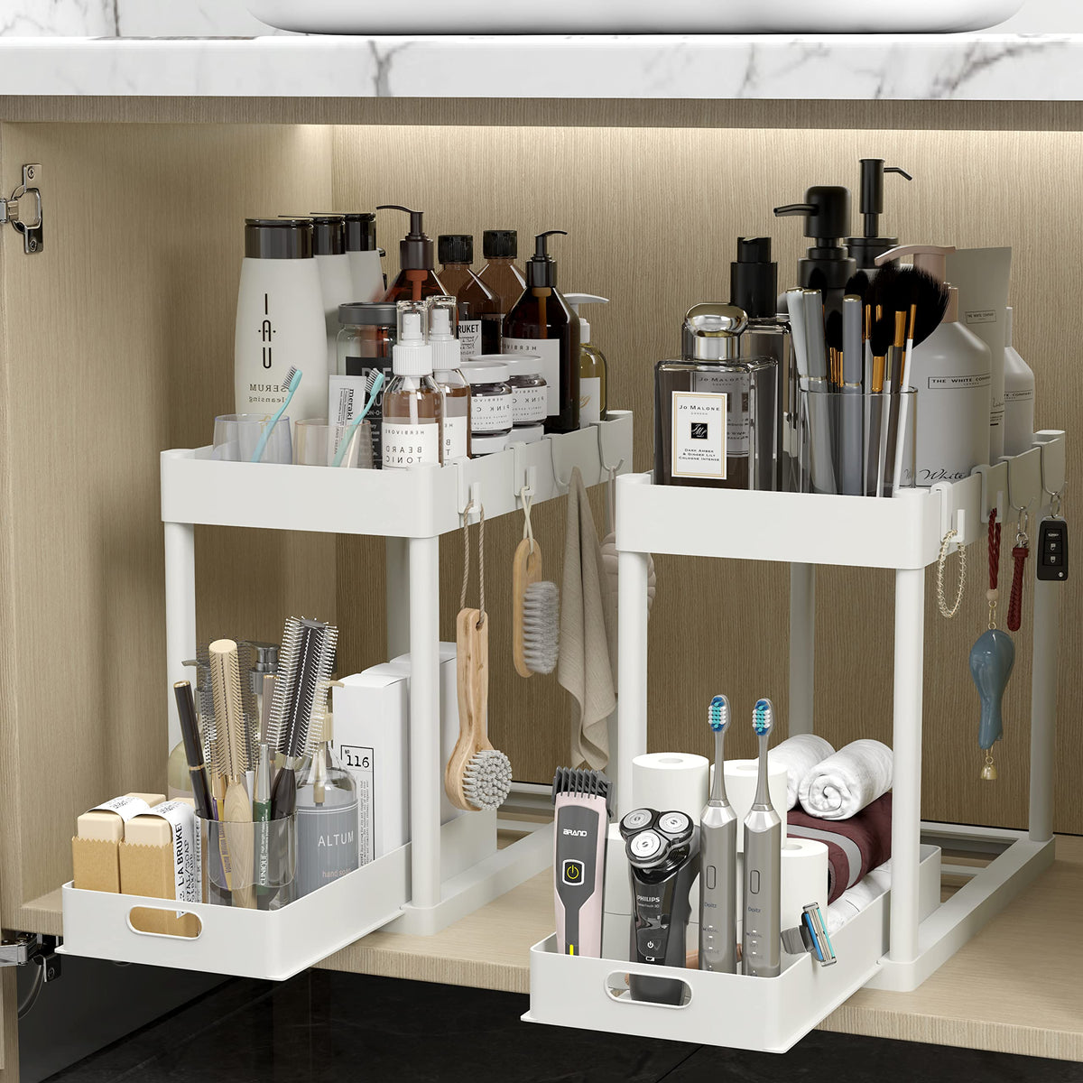2PC Under Sink Organizer Rack 2 Tier Under Sliding Cabinet Basket Organizer Drawer with 4 Hooks, Multi-purpose Under Sink Storage for Bathroom Kitchen Desktop（Black）