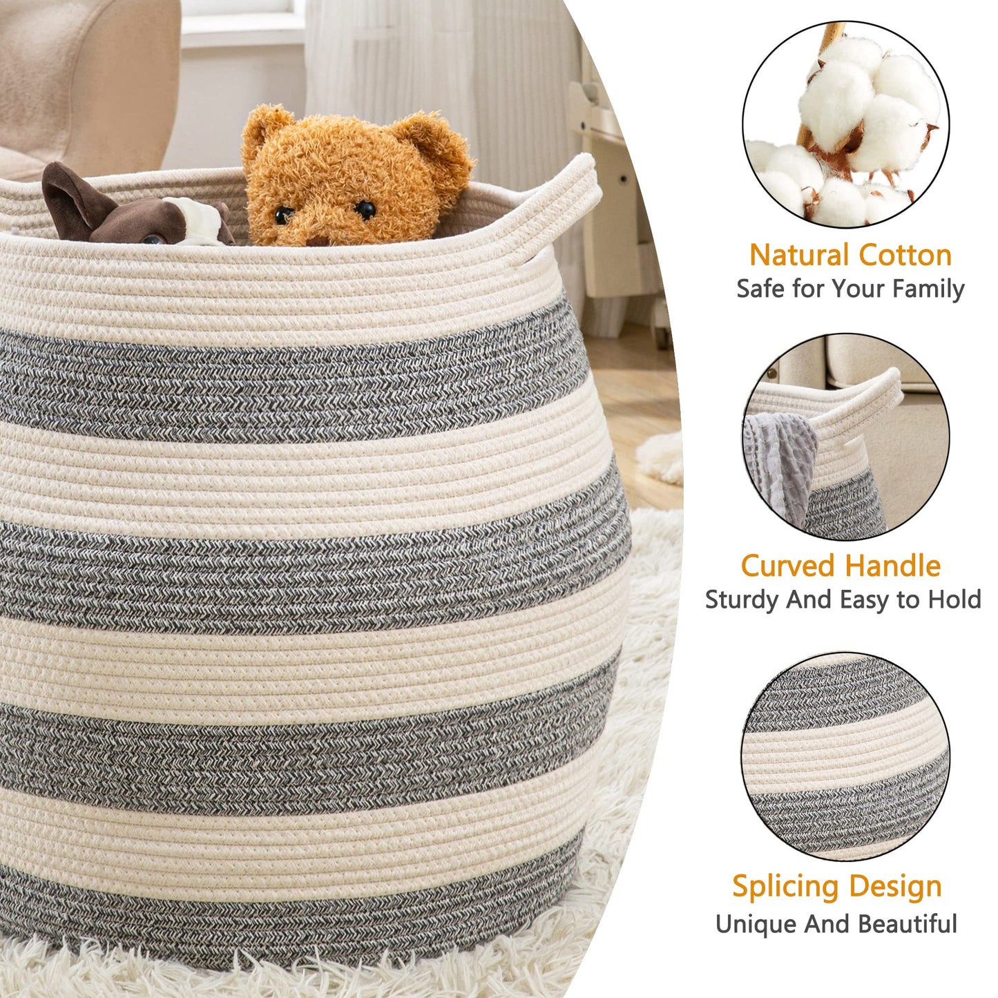 KAKAMAY Woven Baskets for Storage(17"x17"),Large Cotton Rope Basket Woven Baby Laundry Hamper,Collapsible Laundry Basket, Blanket Basket for Organizing Living Room,Nursery,Pillows,Toy Chest(Grey)