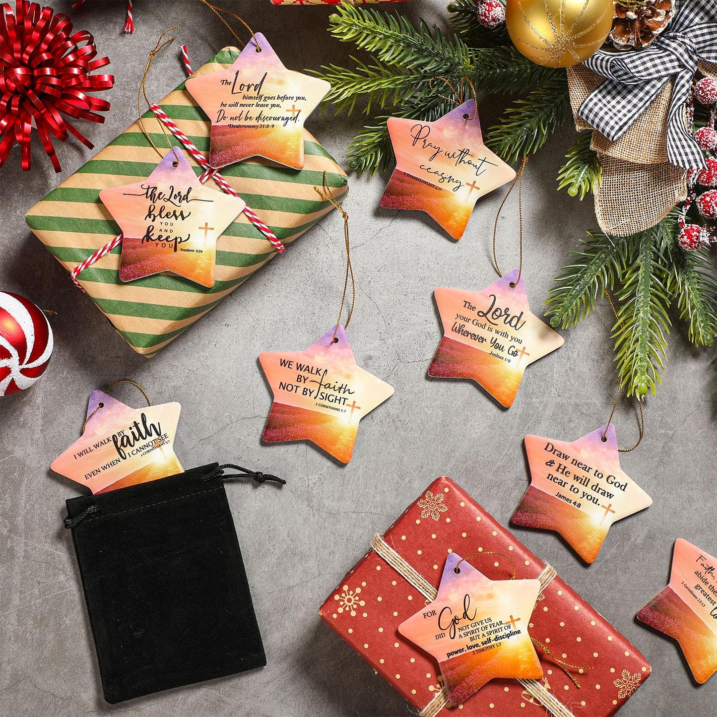 Syhood 9 Sets Christmas Christian Ceramic Ornaments Star Religious Bible Verse Ornaments with Gift Bags Inspirational Quotes for Women Church Christmas Tree